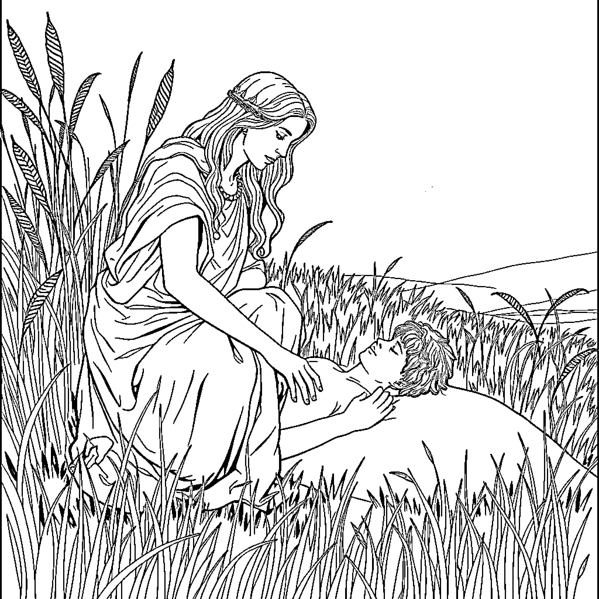 Antigone tenderly caring for a fallen figure in the tall grass Coloring Page (free black-and-white line drawing printable PDF for all, from beginners to advanced learners, including children, teens, adults, and seniors)