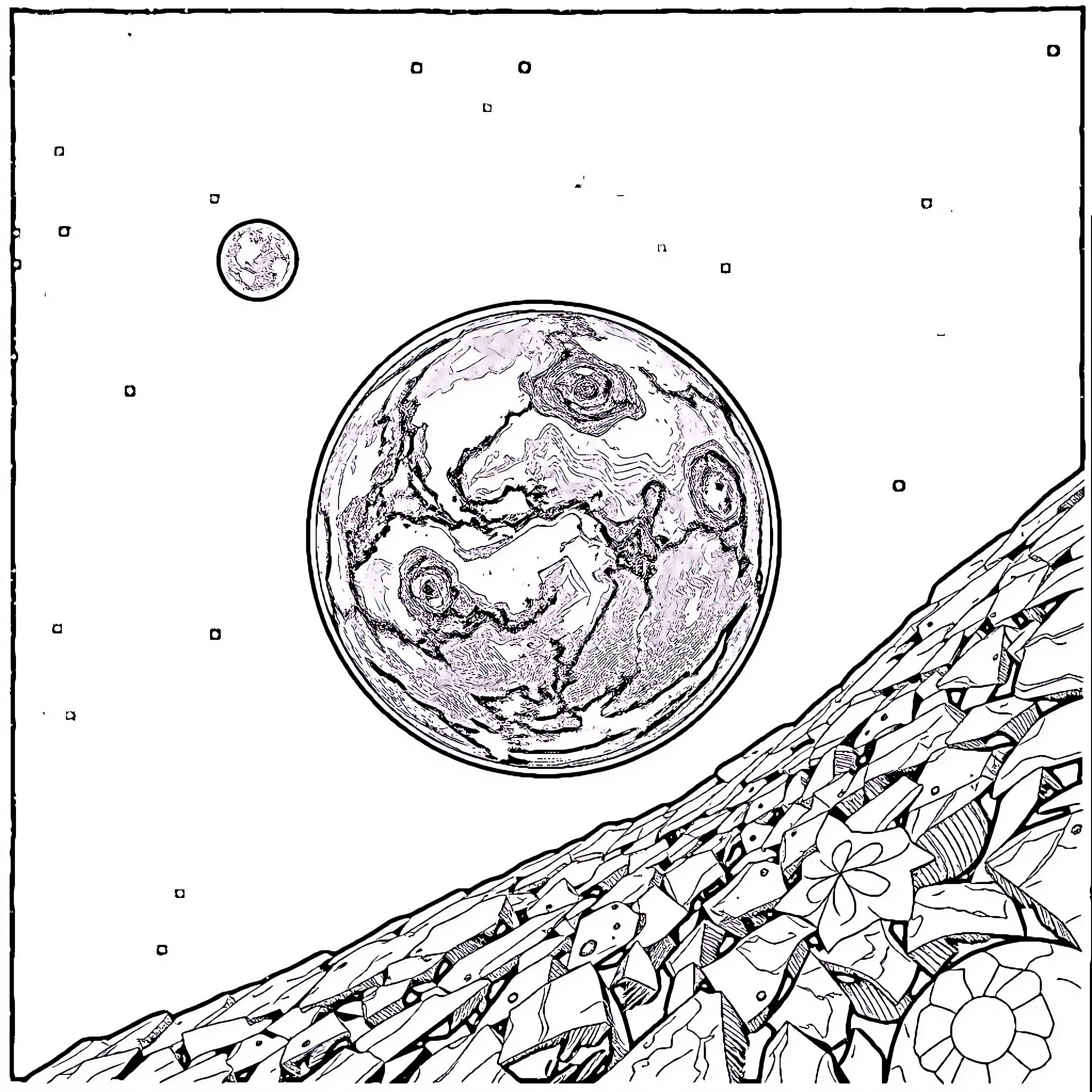 Earth surrounded by celestial bodies and nature Coloring Page (free black-and-white line drawing printable PDF for all, from beginners to advanced learners, including children, teens, adults, and seniors)