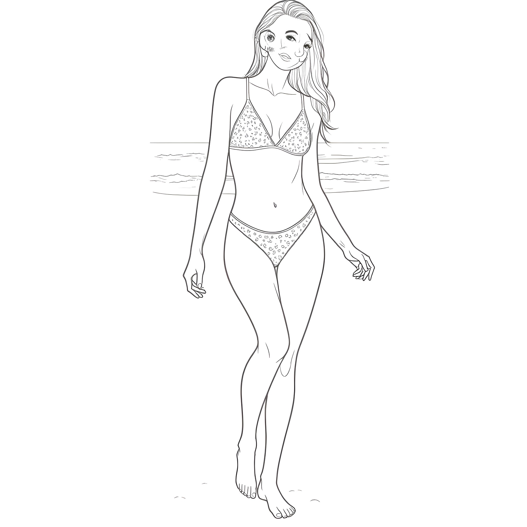 Model posing in bikini on the beach Coloring Page (free black-and-white line drawing printable PDF for all, from beginners to advanced learners, including children, teens, adults, and seniors)