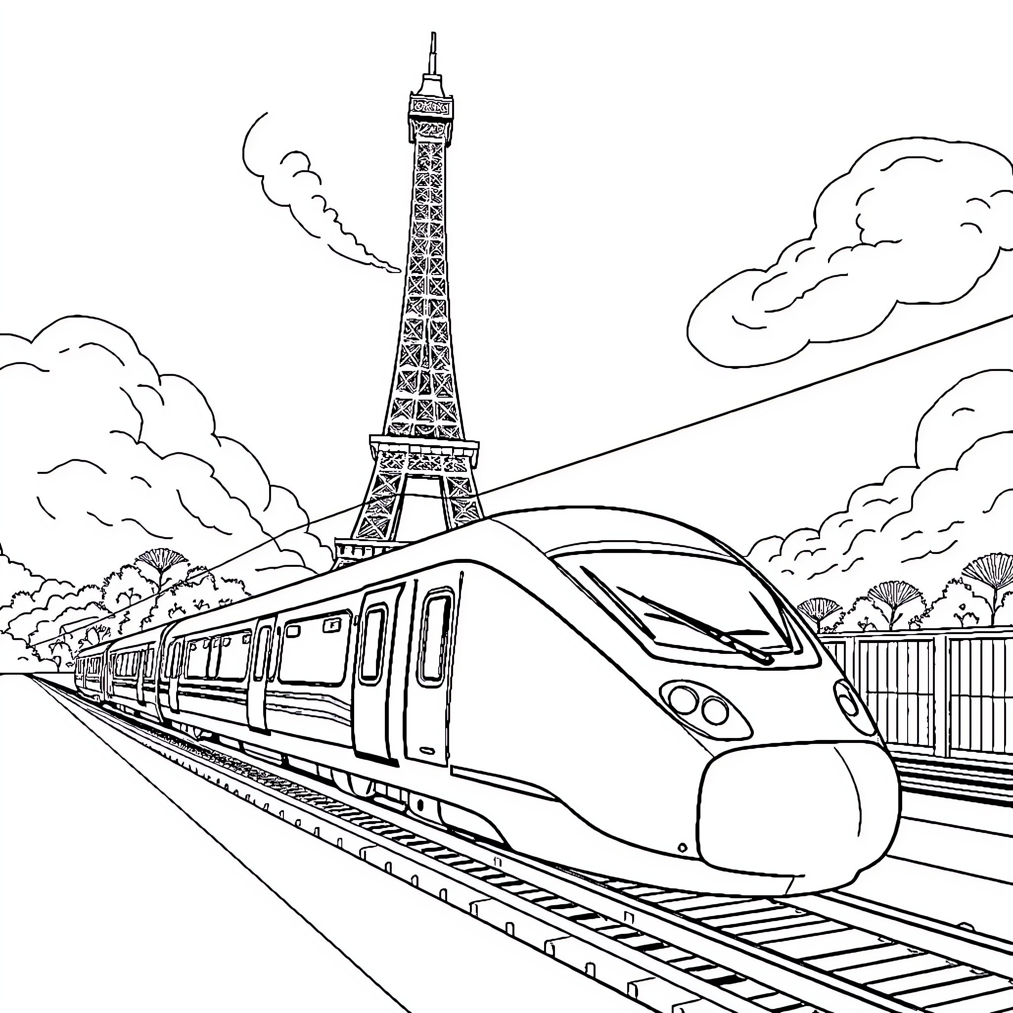 TGV Train Passing by the Iconic Eiffel Tower Coloring Page (free black-and-white line drawing printable PDF for all, from beginners to advanced learners, including children, teens, adults, and seniors)