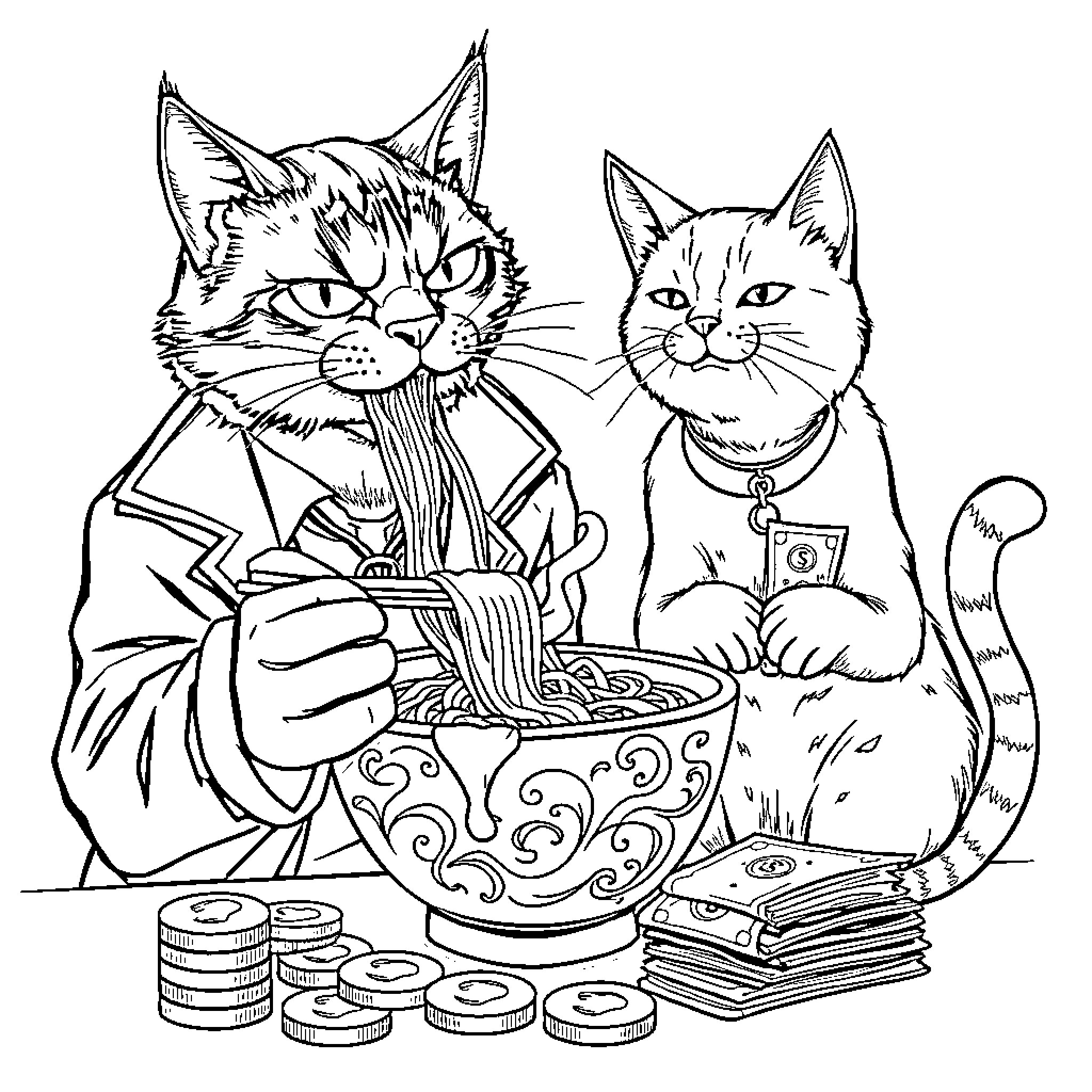 Cats Enjoying a Meal Together Coloring Page (free black-and-white line drawing printable PDF for all, from beginners to advanced learners, including children, teens, adults, and seniors)
