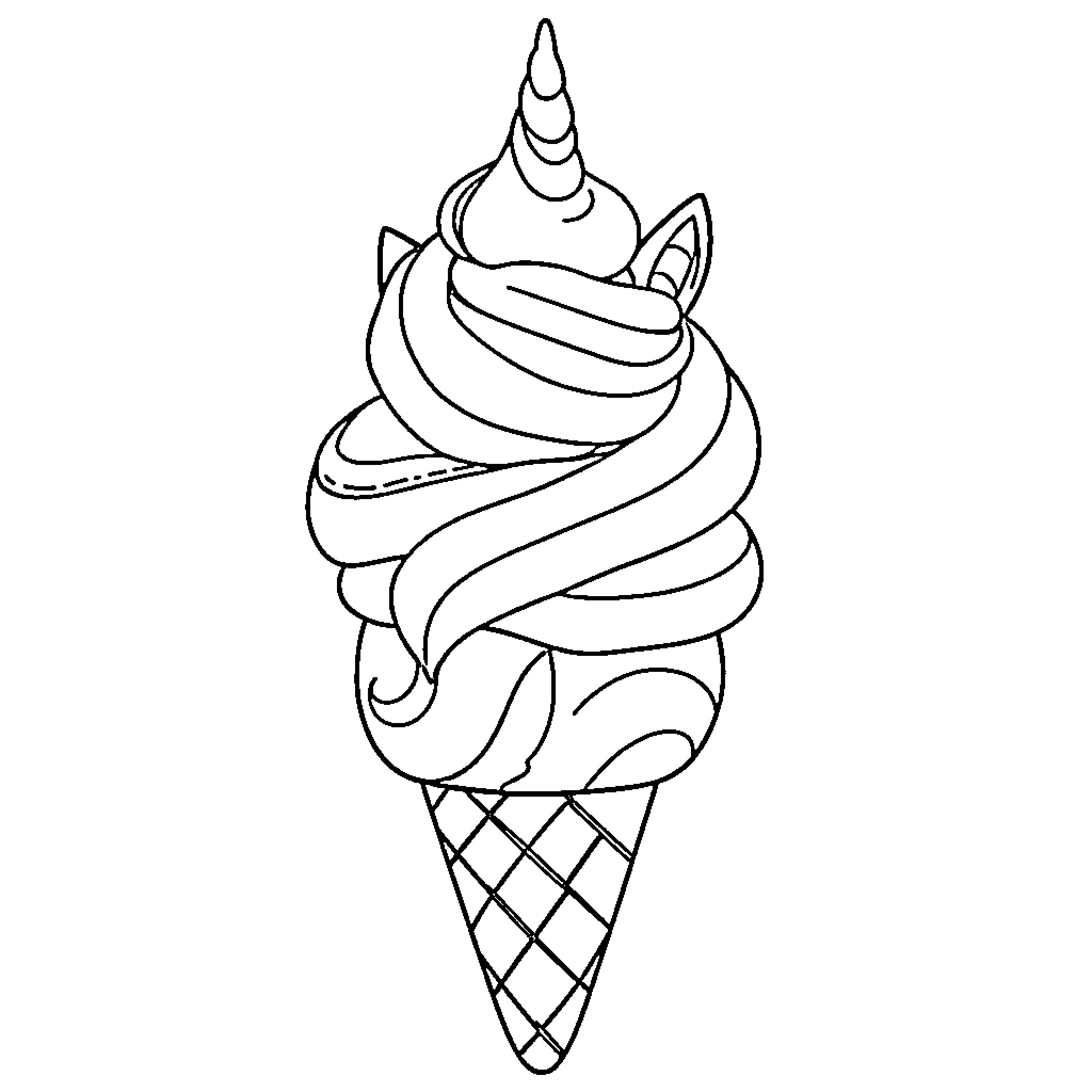 Unicorn-themed ice cream cone with swirling design Coloring Page (free black-and-white line drawing printable PDF for all, from beginners to advanced learners, including children, teens, adults, and seniors)