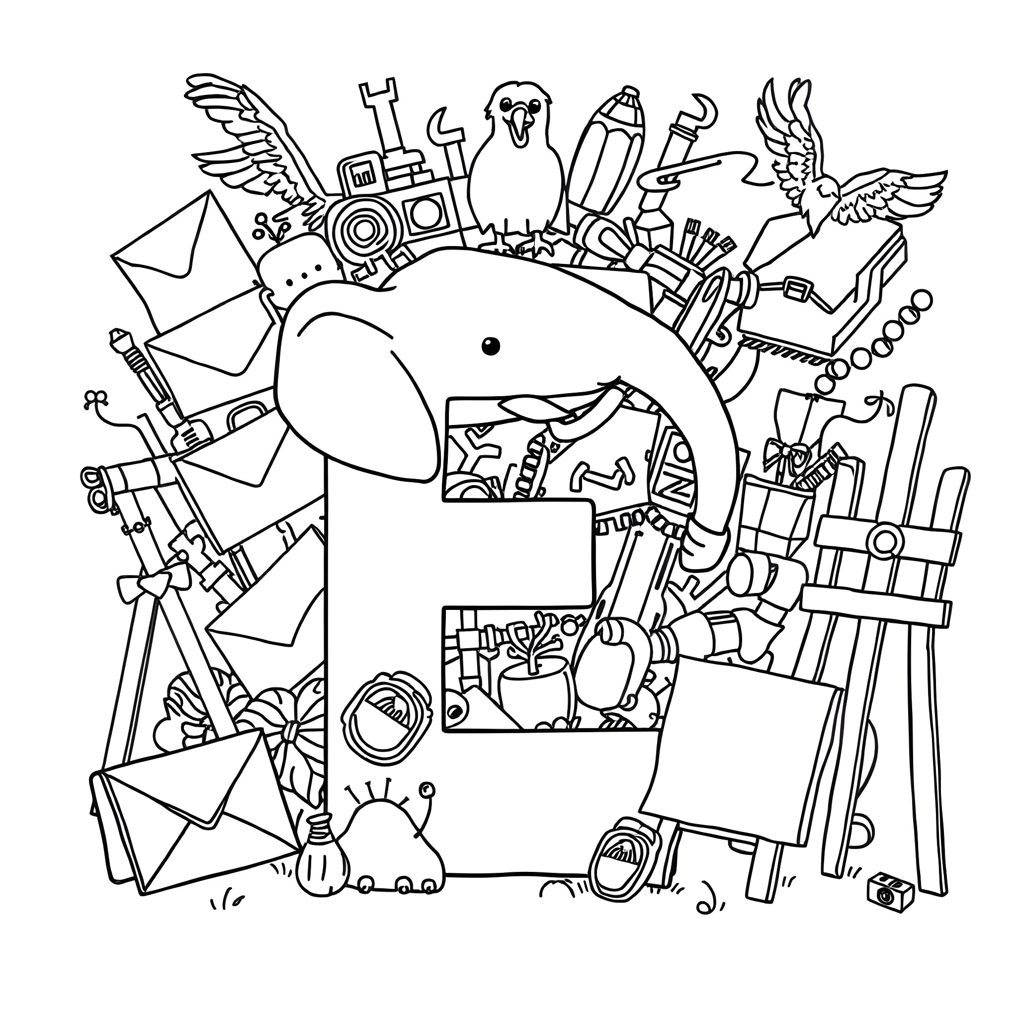 Letter E - Diverse Items Surrounding Envelope Coloring Page (free black-and-white line drawing printable PDF for all, from beginners to advanced learners, including children, teens, adults, and seniors)