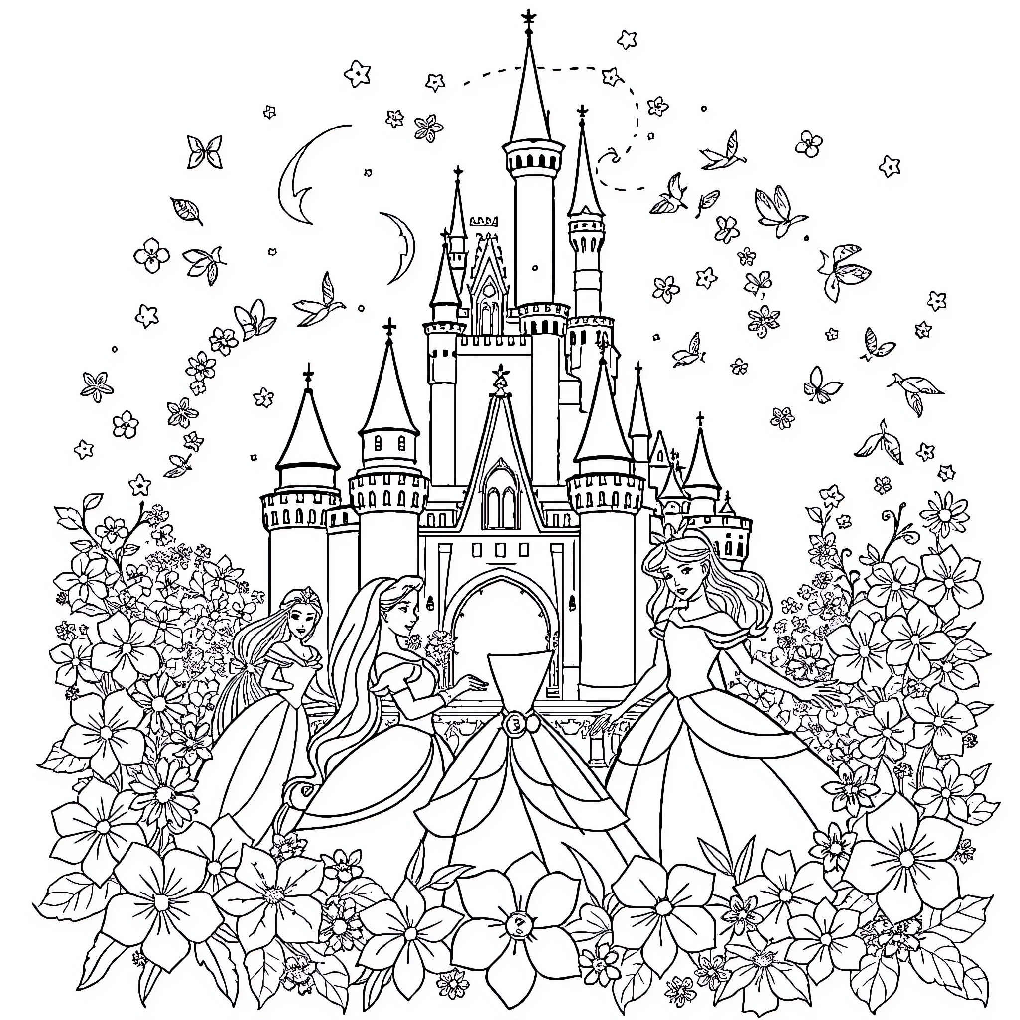 Princess and her Friends in a Magical Castle Coloring Page (free black-and-white line drawing printable PDF for all, from beginners to advanced learners, including children, teens, adults, and seniors)