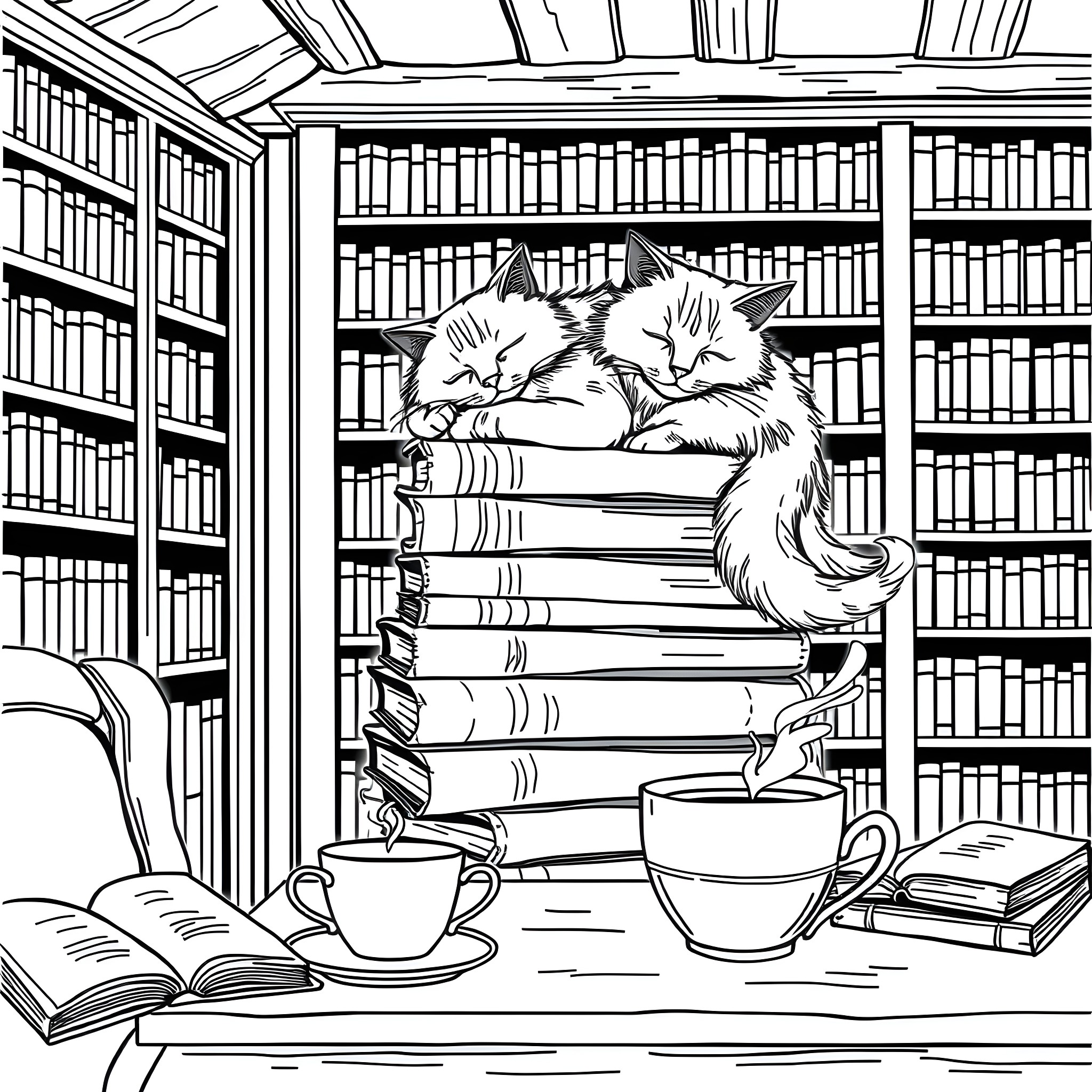 Cat curled up on books in a cozy library Coloring Page (free black-and-white line drawing printable PDF for all, from beginners to advanced learners, including children, teens, adults, and seniors)