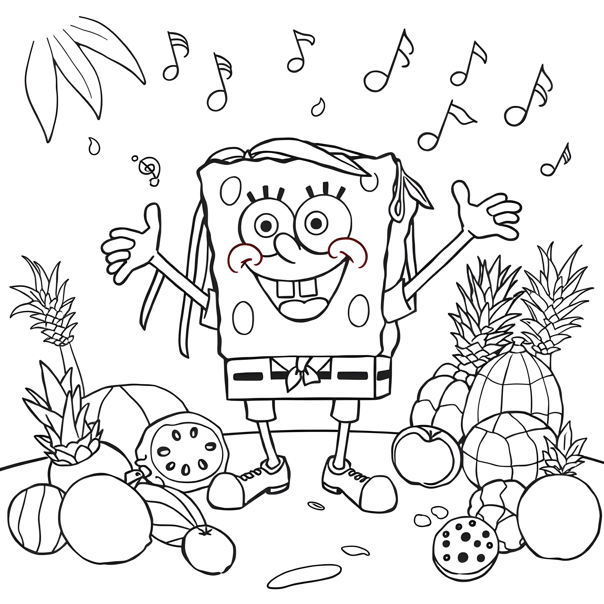Spongebob singing and dancing with fruits Coloring Page (free black-and-white line drawing printable PDF for all, from beginners to advanced learners, including children, teens, adults, and seniors)