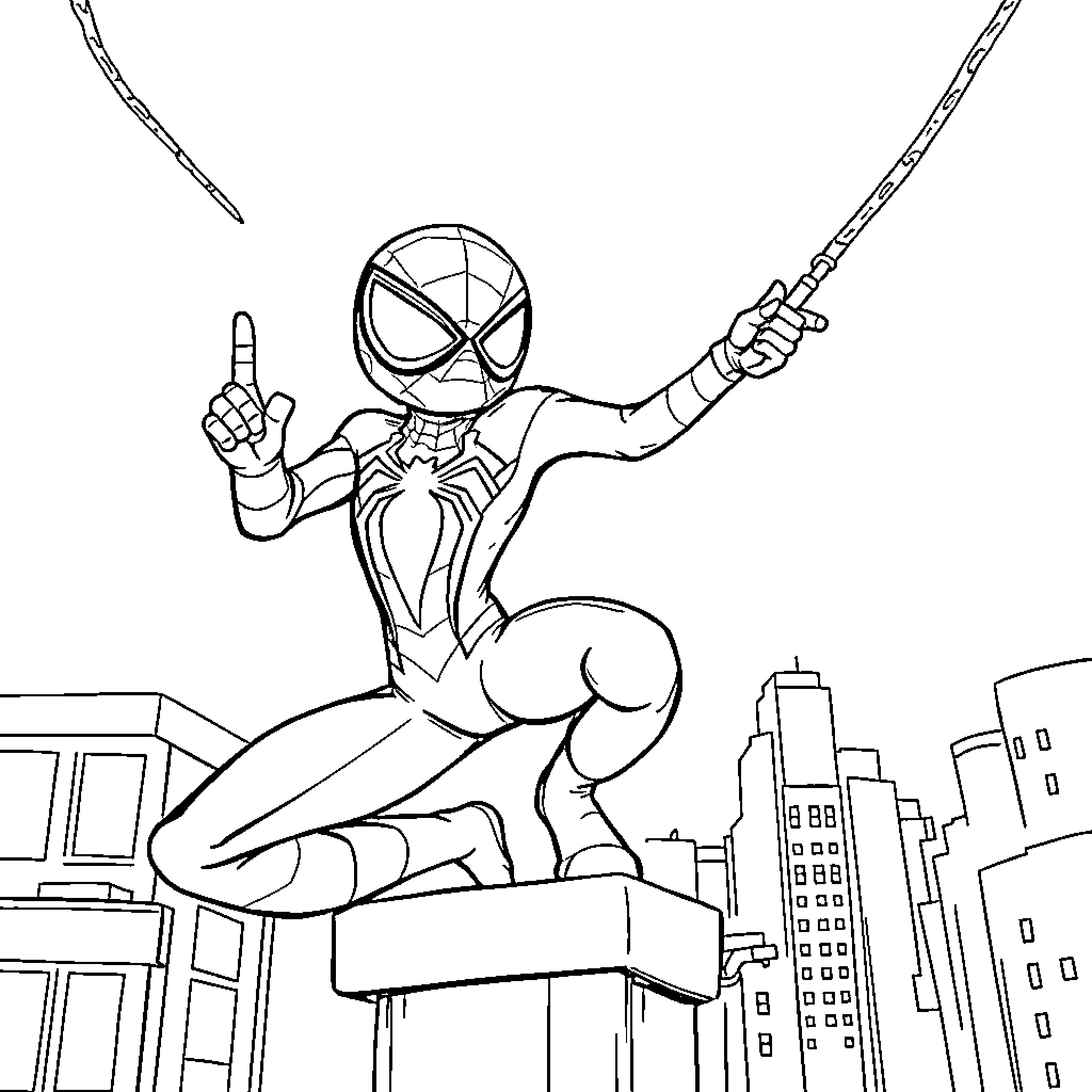 Paw Patrol Spider-Man swinging through the city Coloring Page (free black-and-white line drawing printable PDF for all, from beginners to advanced learners, including children, teens, adults, and seniors)