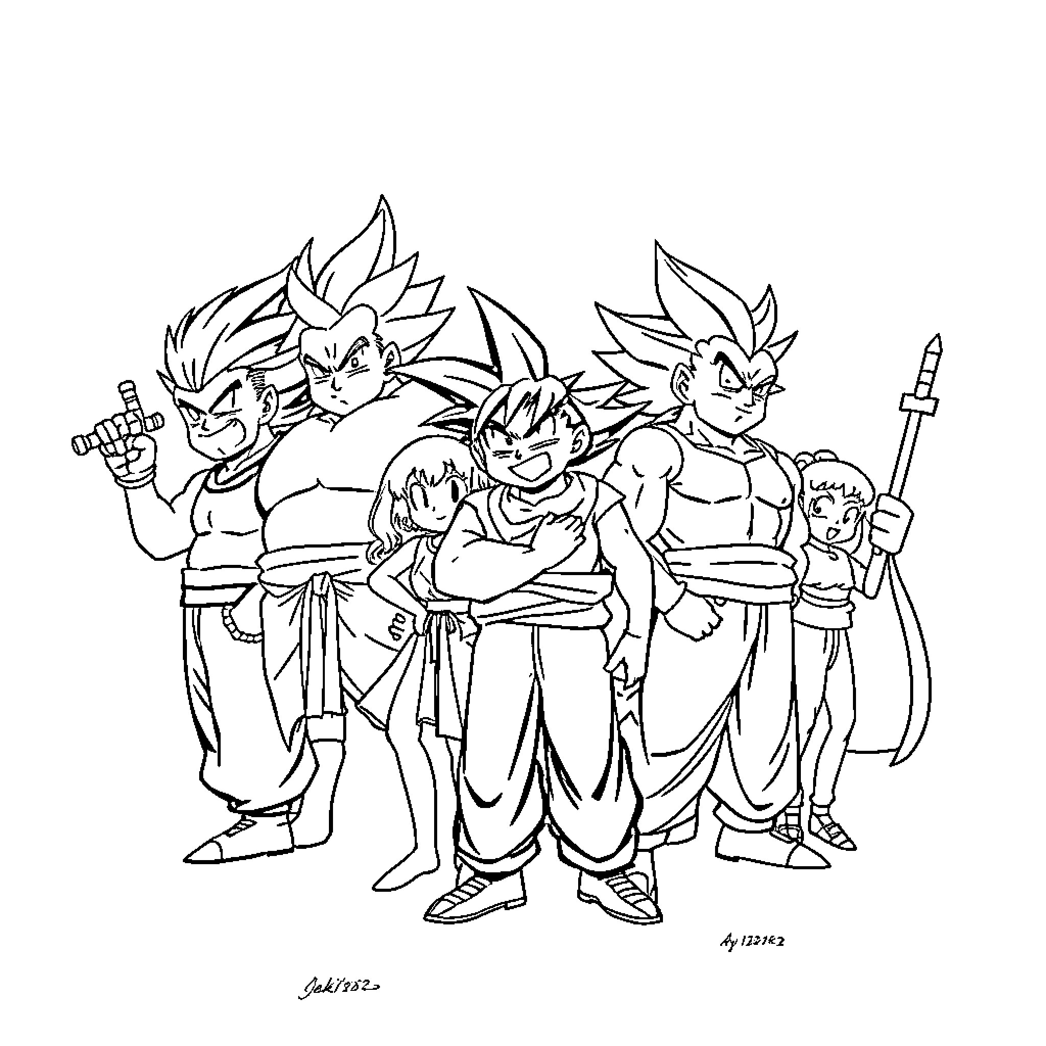 Akira Toriyama's Iconic Dragon Ball Characters in Action Coloring Page (free black-and-white line drawing printable PDF for all, from beginners to advanced learners, including children, teens, adults, and seniors)