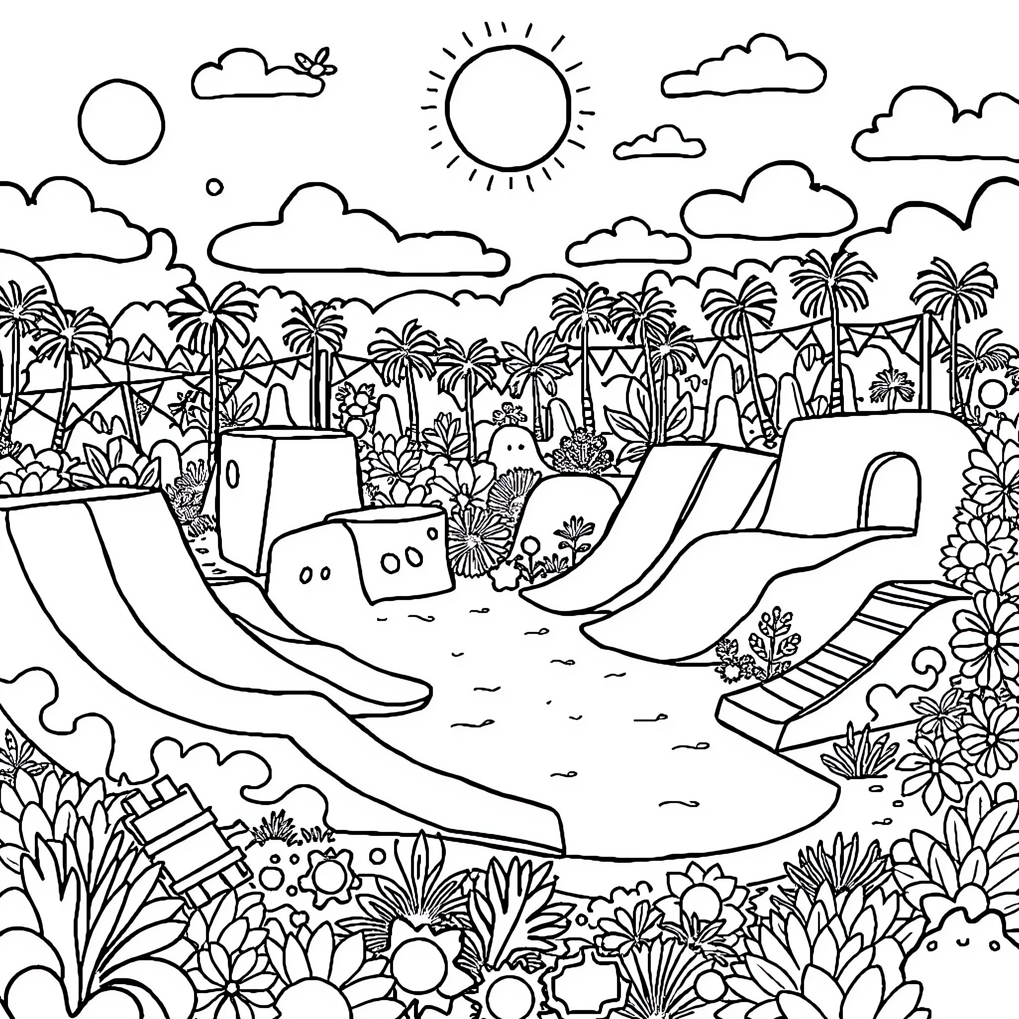 Skateboard tricks in a tropical paradise Coloring Page (free black-and-white line drawing printable PDF for all, from beginners to advanced learners, including children, teens, adults, and seniors)