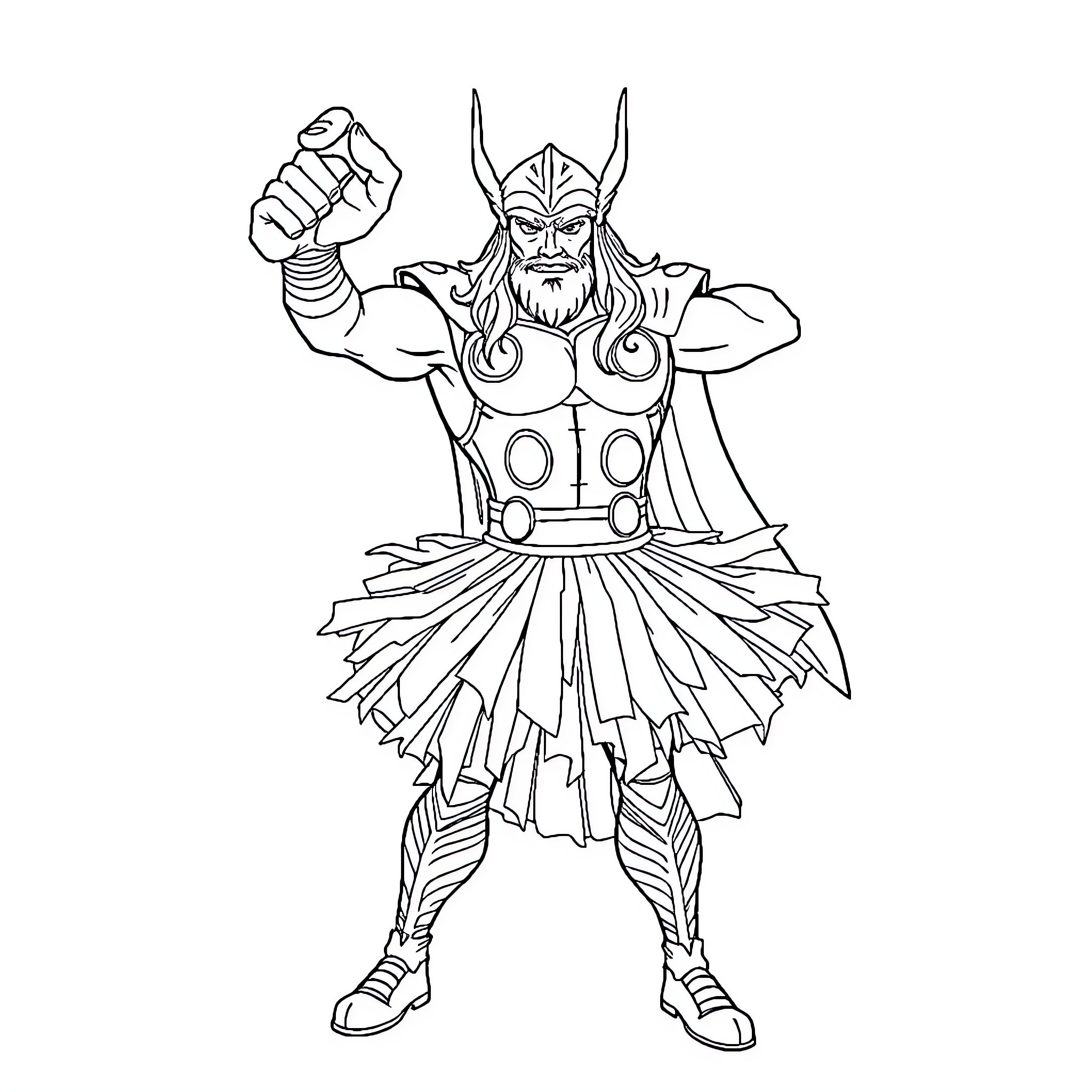 Thor Battles with Mighty Hammer in Heroic Stance Coloring Page (free black-and-white line drawing printable PDF for all, from beginners to advanced learners, including children, teens, adults, and seniors)