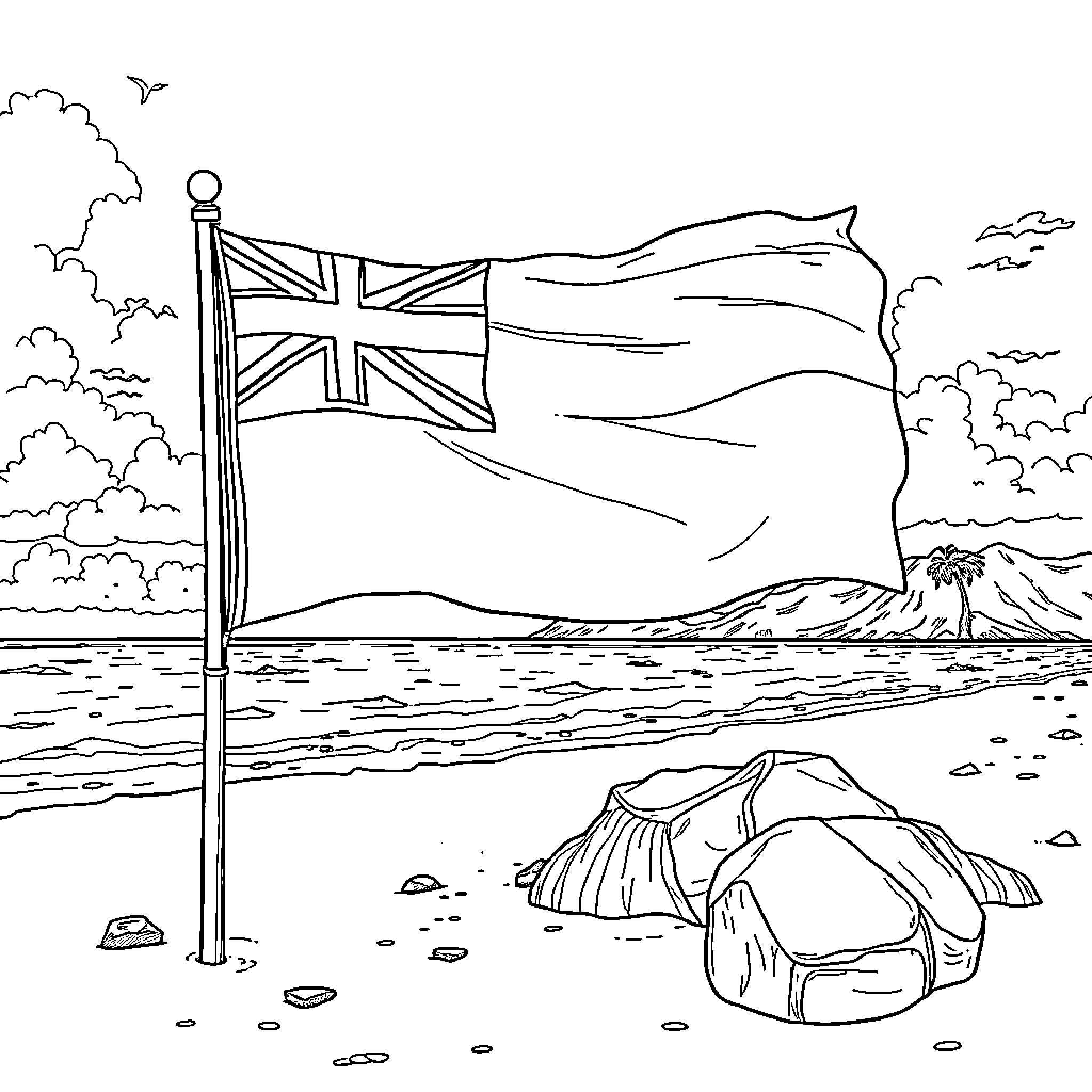 Tongan Flag waving proudly on the beach Coloring Page (free black-and-white line drawing printable PDF for all, from beginners to advanced learners, including children, teens, adults, and seniors)