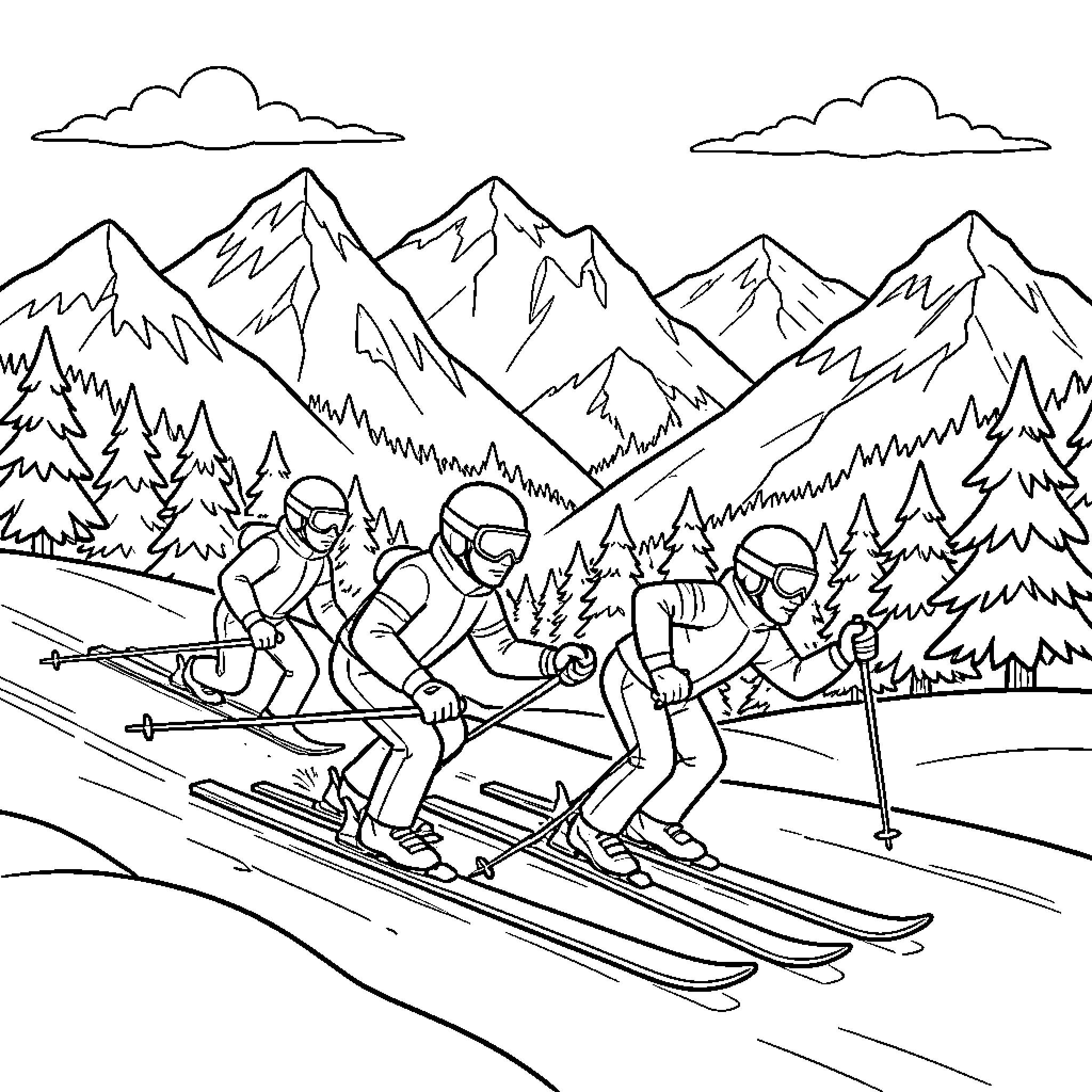 Patrol Skiers Navigating the Snowy Mountain Terrain Coloring Page (free black-and-white line drawing printable PDF for all, from beginners to advanced learners, including children, teens, adults, and seniors)