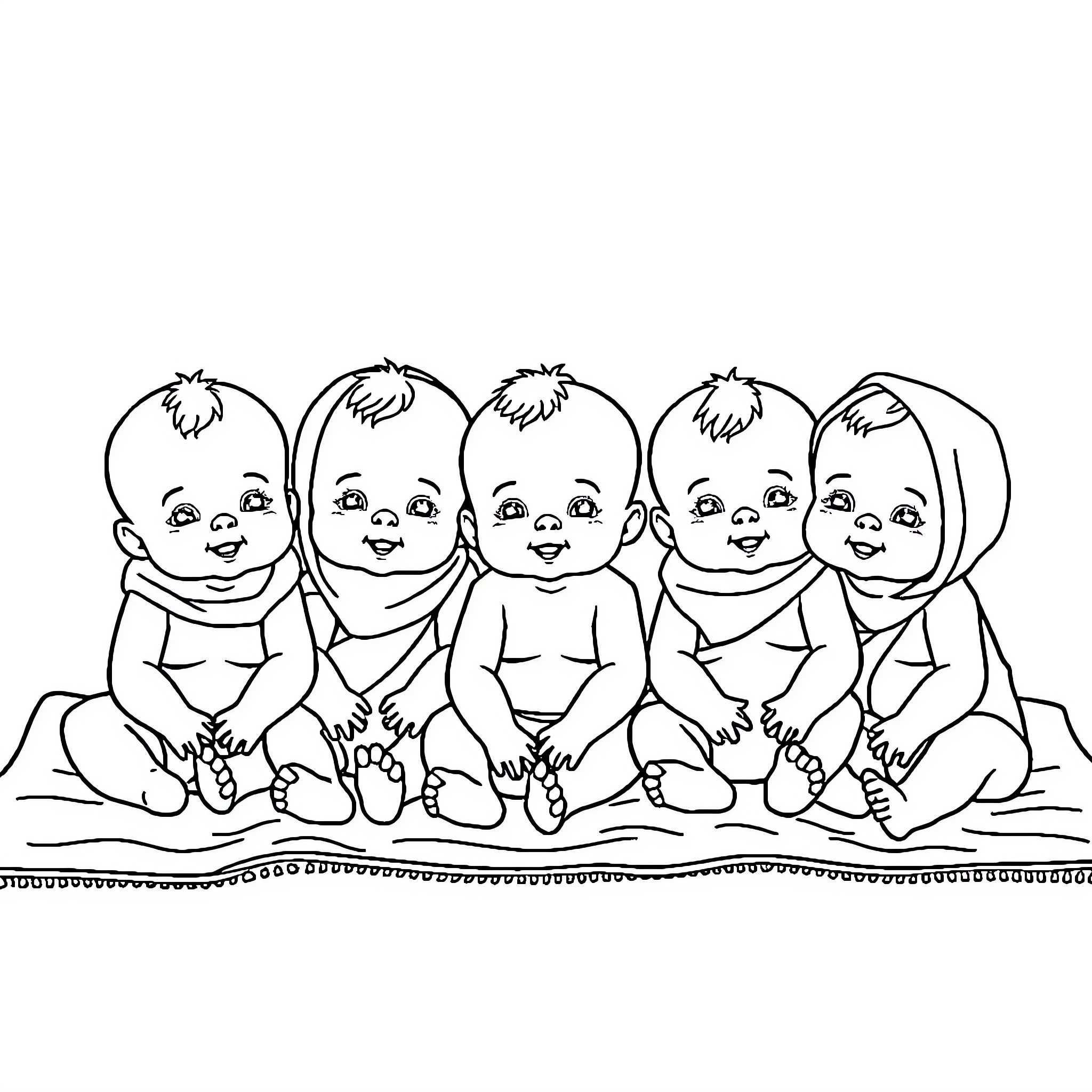Baby dolls sitting together happily Coloring Page (free black-and-white line drawing printable PDF for all, from beginners to advanced learners, including children, teens, adults, and seniors)