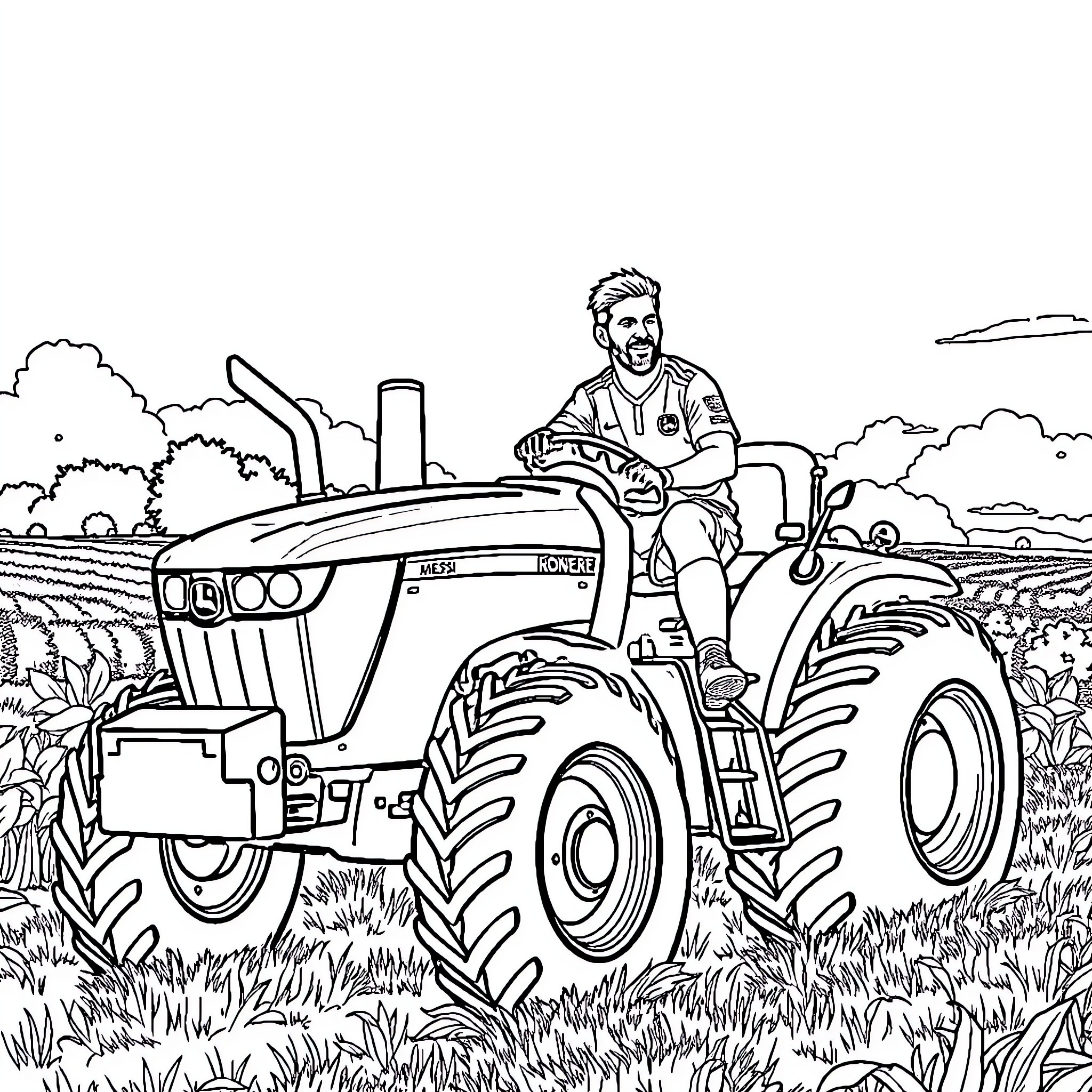 Ronaldo operating a large tractor in the countryside Coloring Page (free black-and-white line drawing printable PDF for all, from beginners to advanced learners, including children, teens, adults, and seniors)