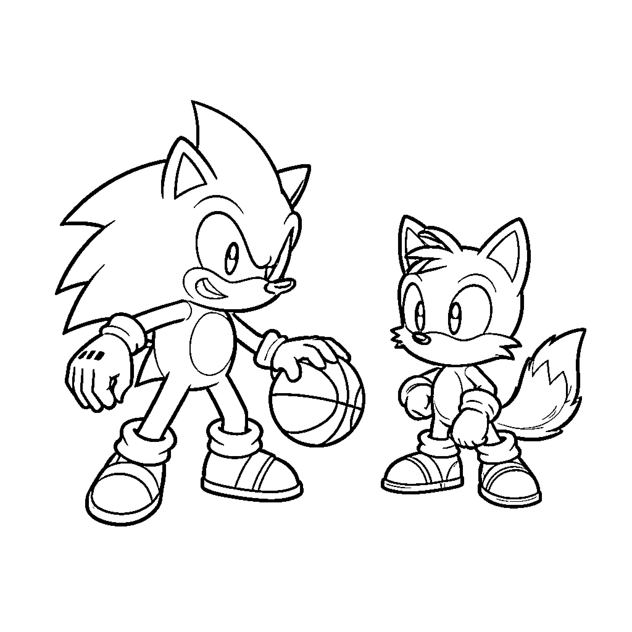 Sonic playing basketball with Tails Coloring Page (free black-and-white line drawing printable PDF for all, from beginners to advanced learners, including children, teens, adults, and seniors)
