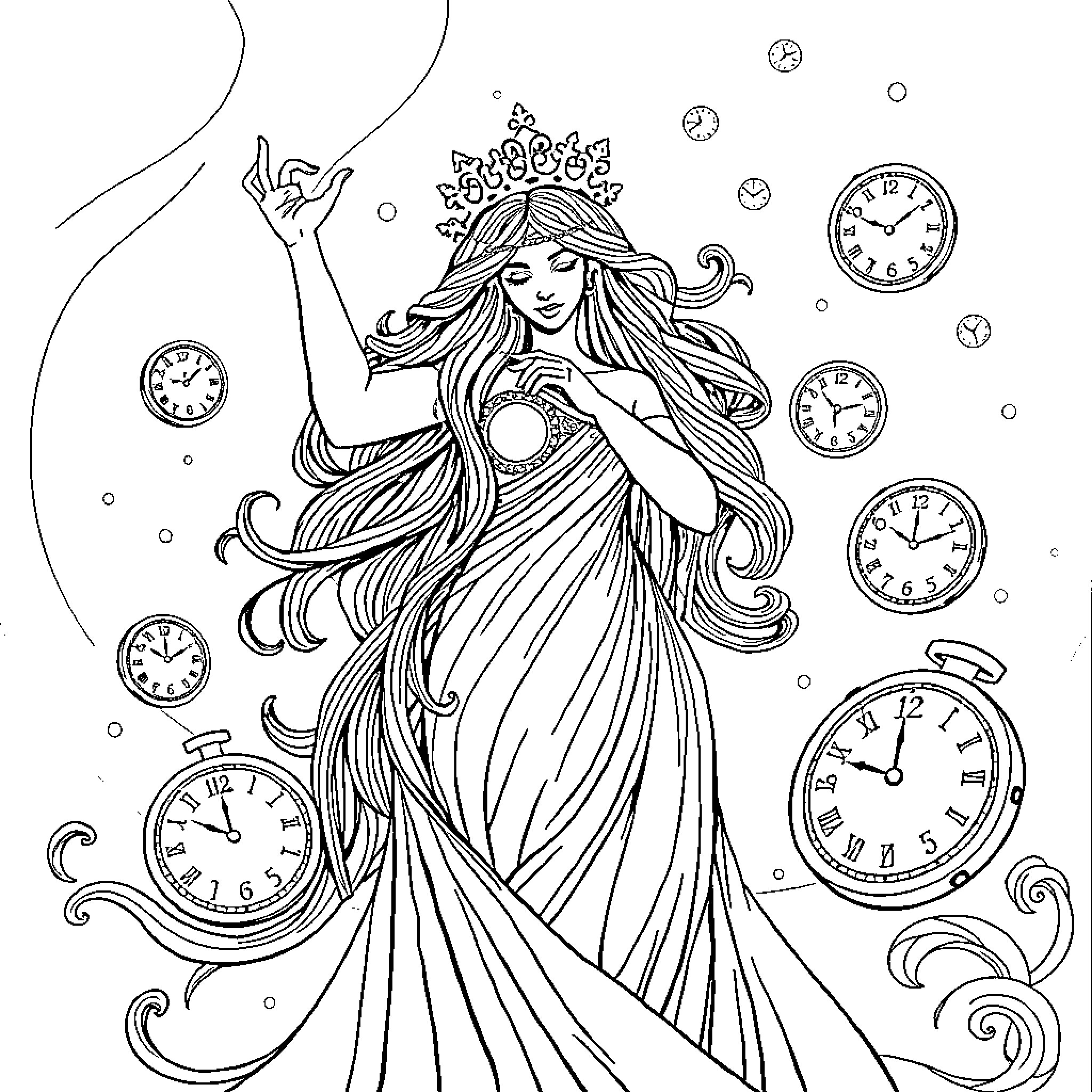 Goddess Commanding the Flow of Time Coloring Page (free black-and-white line drawing printable PDF for all, from beginners to advanced learners, including children, teens, adults, and seniors)
