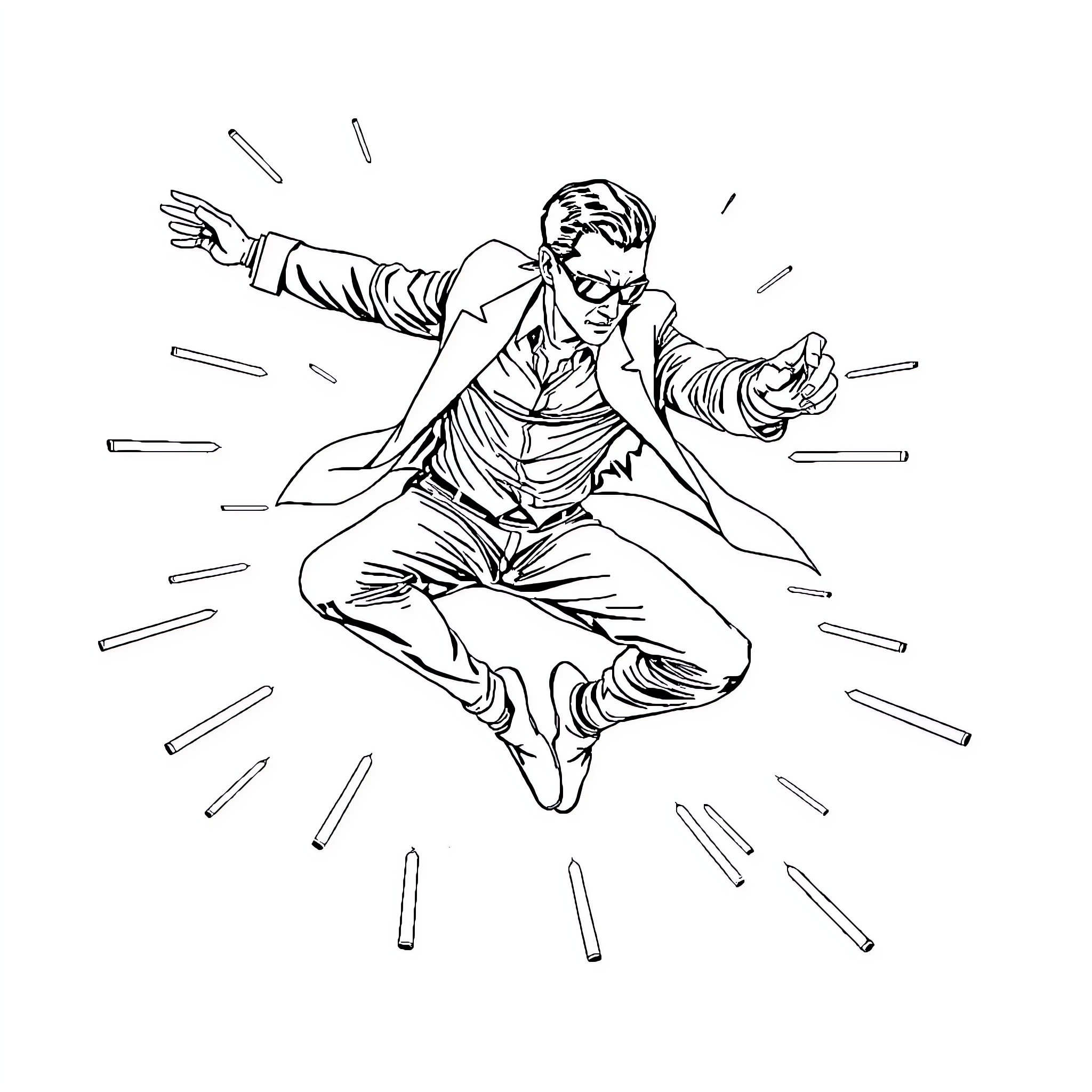 Neo's Energetic Leap into Action Coloring Page (free black-and-white line drawing printable PDF for all, from beginners to advanced learners, including children, teens, adults, and seniors)