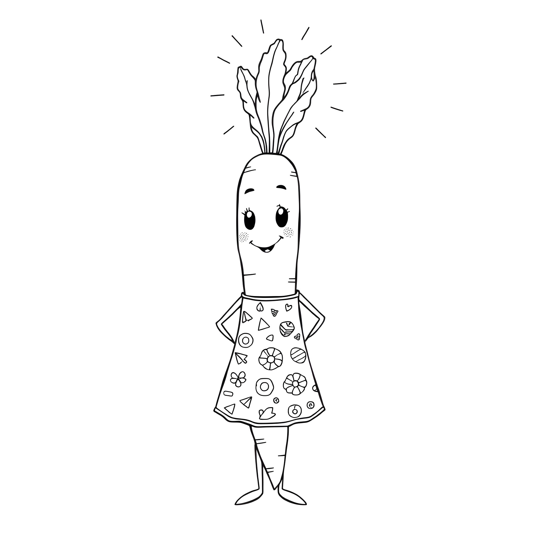 Carrot character in playful outfit Coloring Page (free black-and-white line drawing printable PDF for all, from beginners to advanced learners, including children, teens, adults, and seniors)