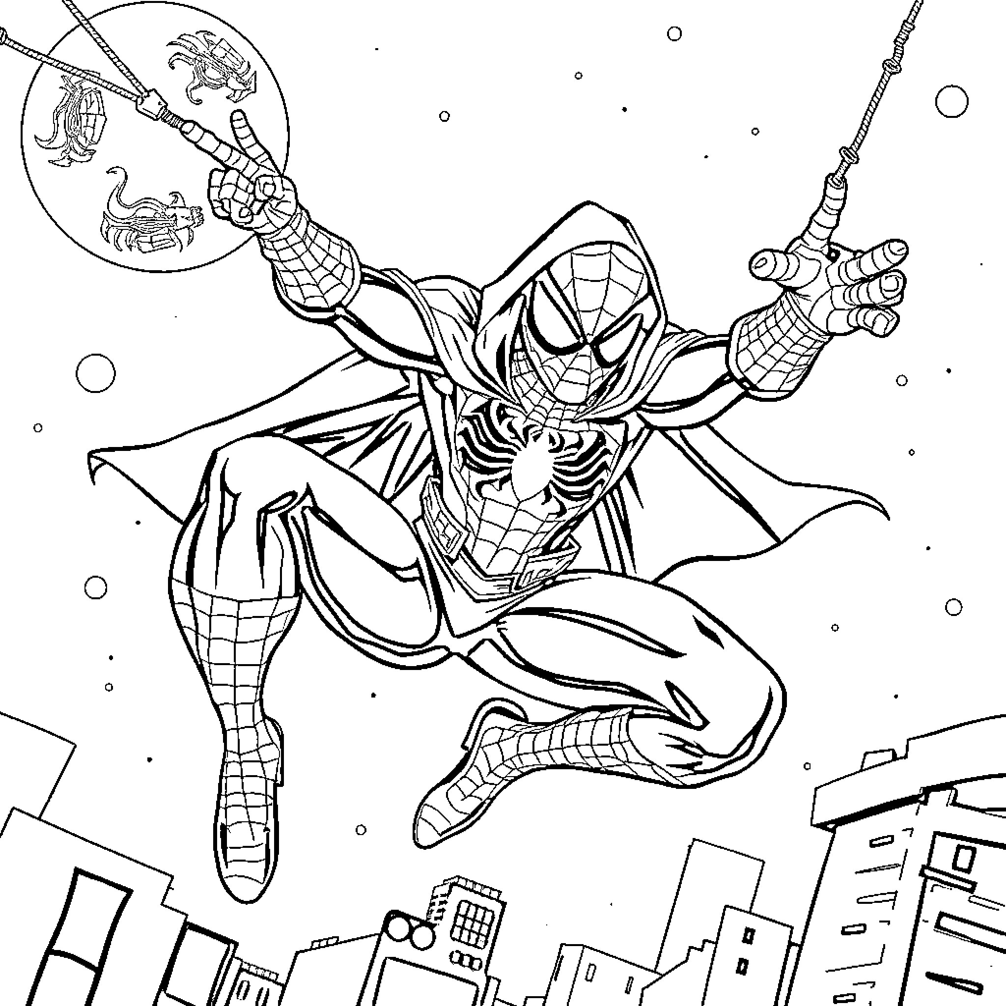 Spider-Man swinging through the city skyline Coloring Page (free black-and-white line drawing printable PDF for all, from beginners to advanced learners, including children, teens, adults, and seniors)