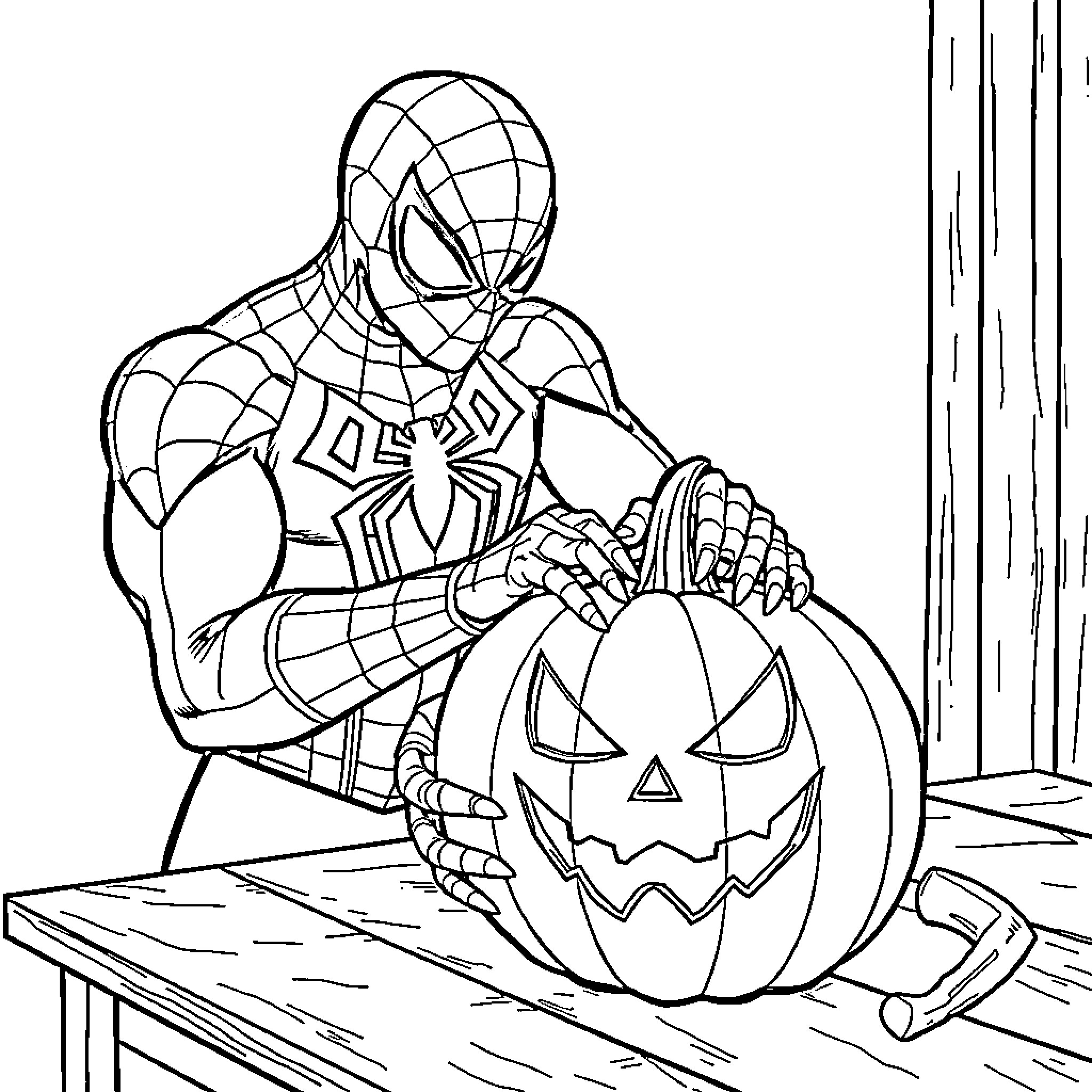 Spider-Man carving a jack-o'-lantern Coloring Page (free black-and-white line drawing printable PDF for all, from beginners to advanced learners, including children, teens, adults, and seniors)