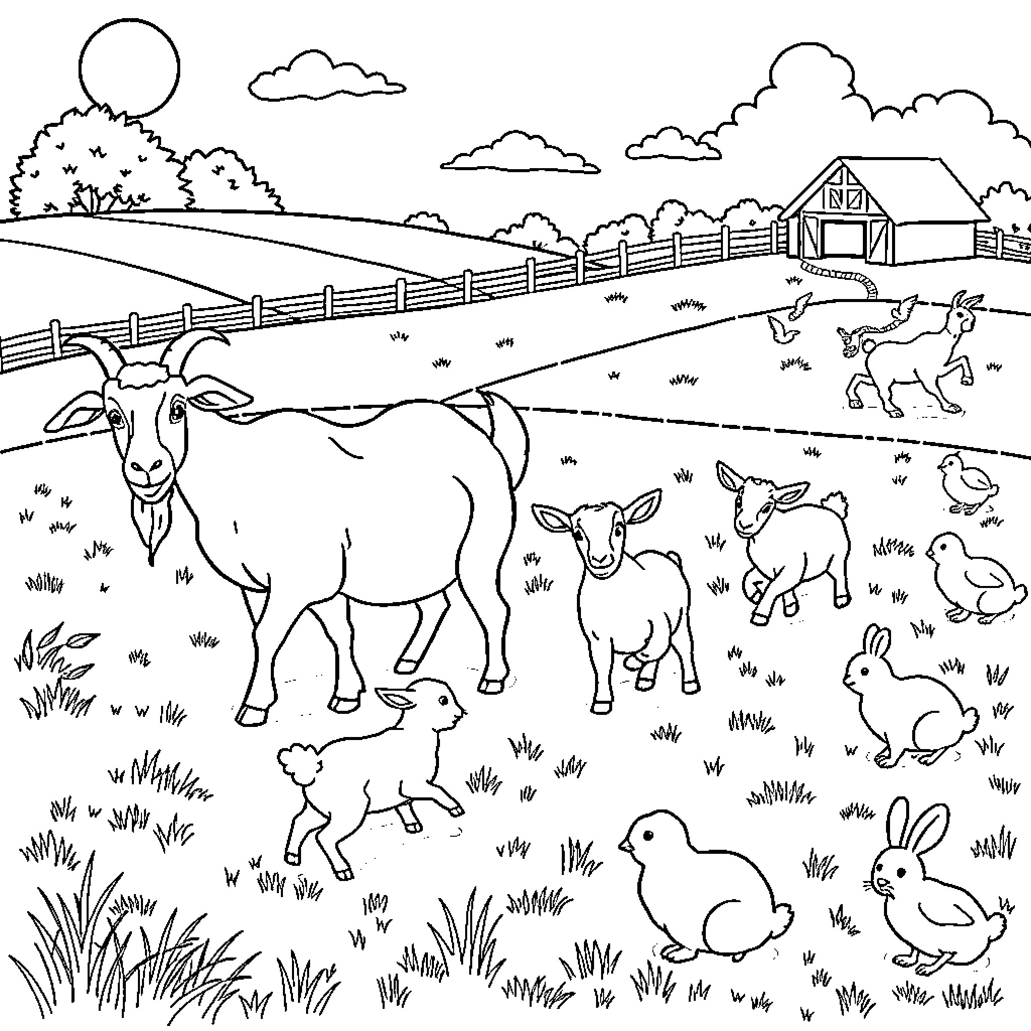Goats and baby animals on a farm Coloring Page (free black-and-white line drawing printable PDF for all, from beginners to advanced learners, including children, teens, adults, and seniors)