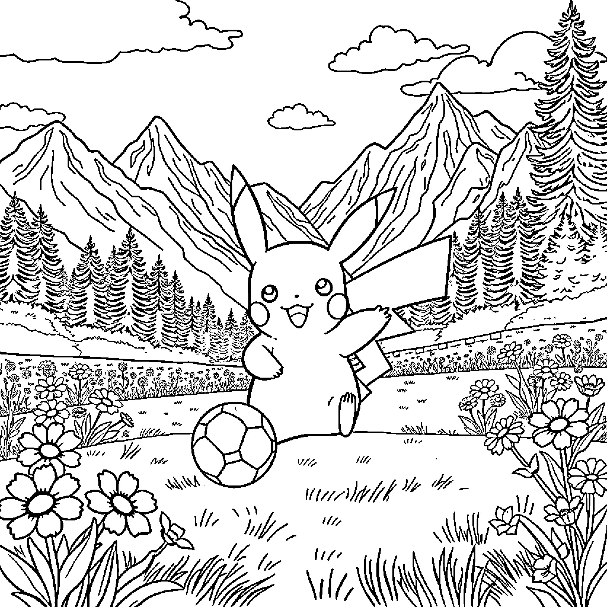 Pikachu Playing with Soccer Ball in the Mountains Coloring Page (free black-and-white line drawing printable PDF for all, from beginners to advanced learners, including children, teens, adults, and seniors)