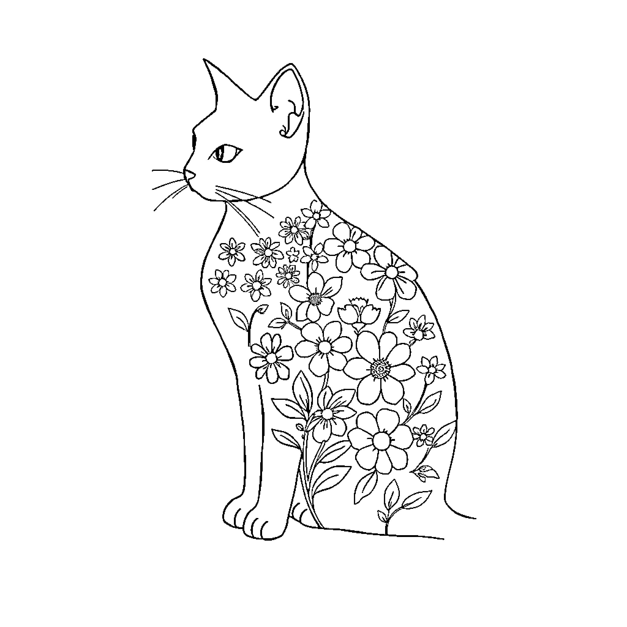 Cat with Floral Decorations Coloring Page (free black-and-white line drawing printable PDF for all, from beginners to advanced learners, including children, teens, adults, and seniors)