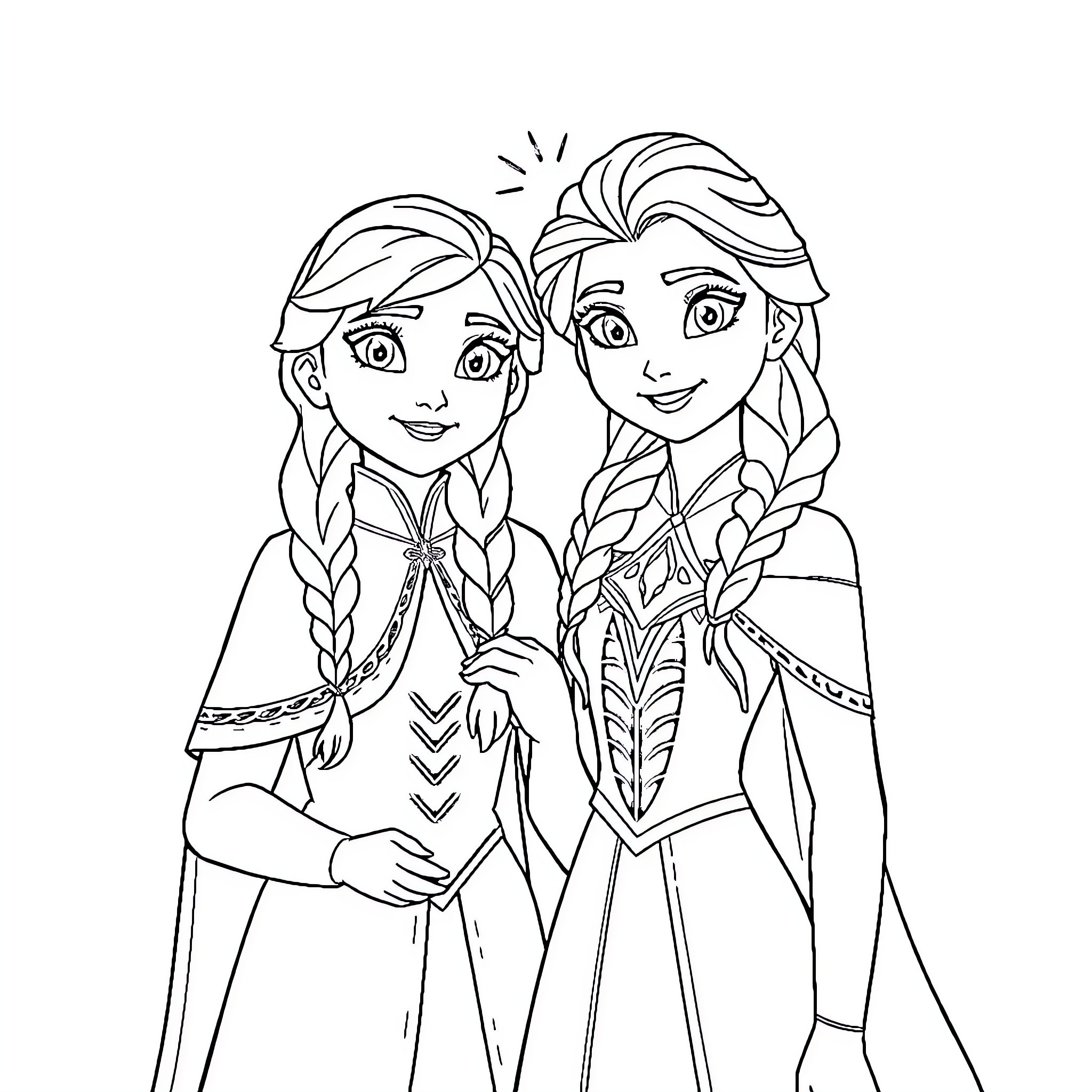 Anna and Elsa's Sisterly Embrace Coloring Page (free black-and-white line drawing printable PDF for all, from beginners to advanced learners, including children, teens, adults, and seniors)