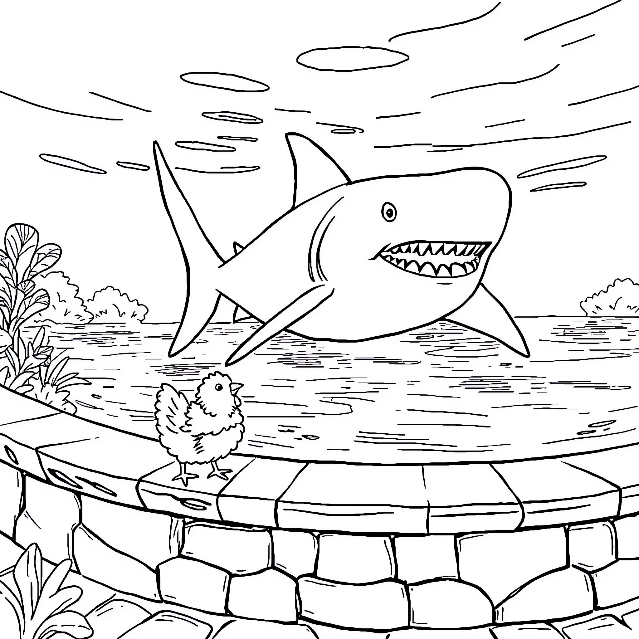 Shark chasing small bird near rocky shore Coloring Page (free black-and-white line drawing printable PDF for all, from beginners to advanced learners, including children, teens, adults, and seniors)