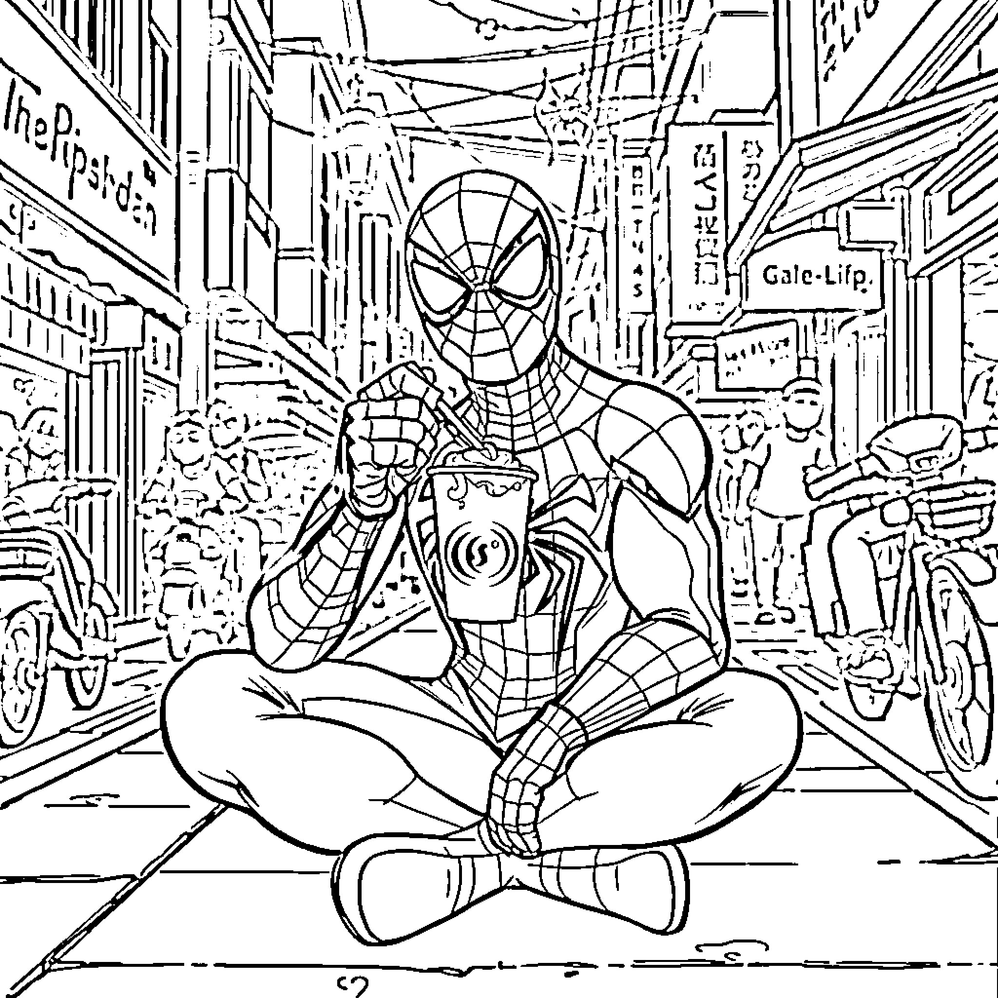 Spider-Man saving the city in action Coloring Page (free black-and-white line drawing printable PDF for all, from beginners to advanced learners, including children, teens, adults, and seniors)