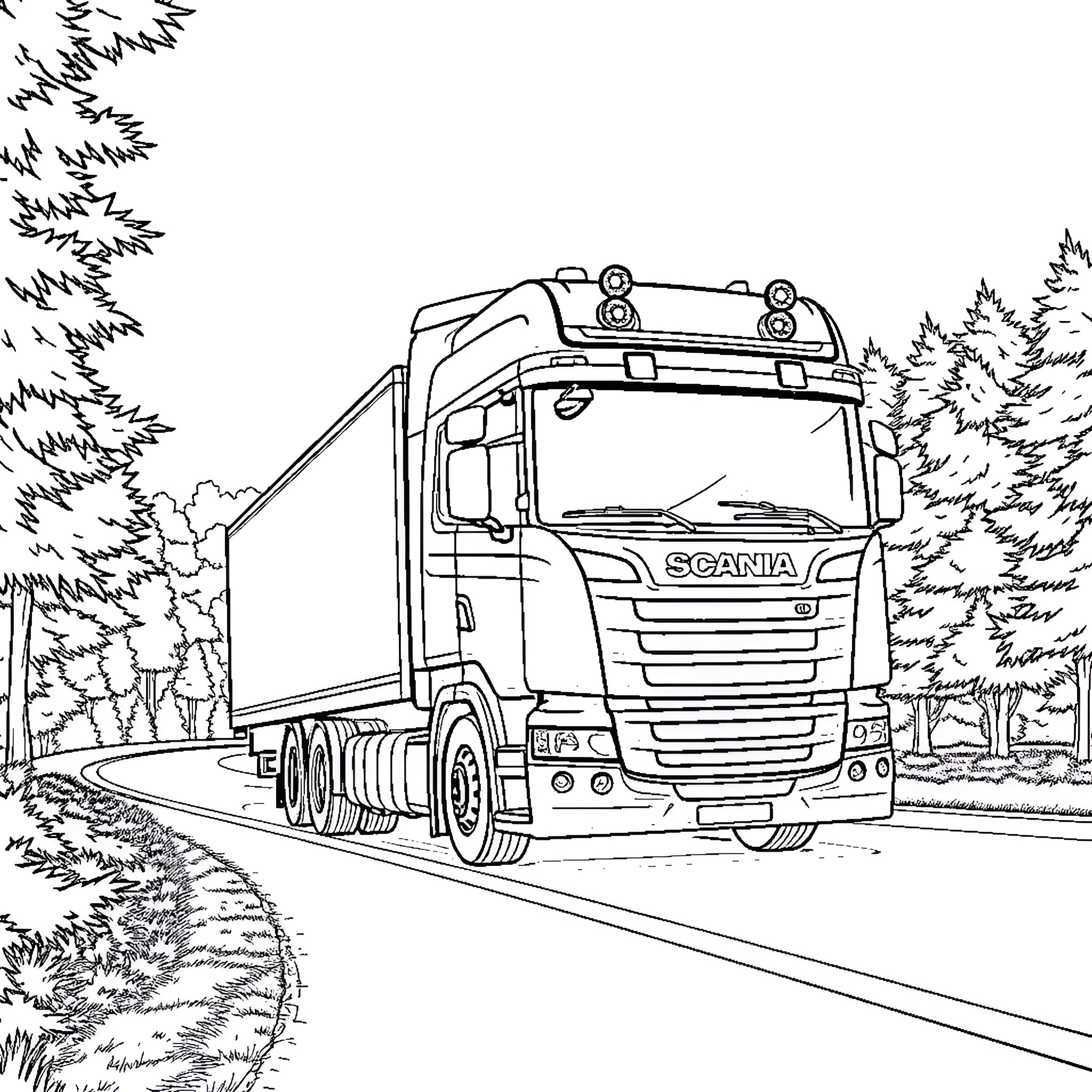Scania truck navigating through scenic countryside Coloring Page (free black-and-white line drawing printable PDF for all, from beginners to advanced learners, including children, teens, adults, and seniors)