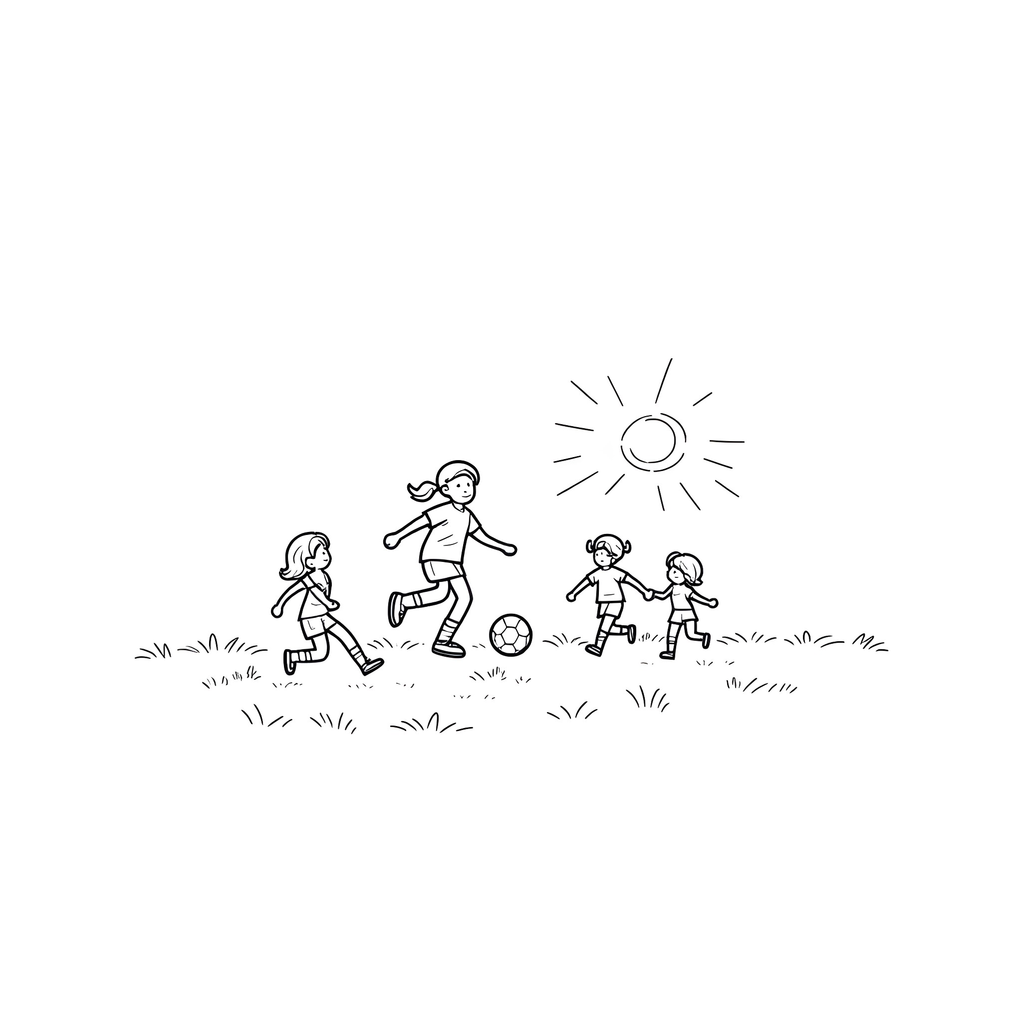 Bluey and friends playing soccer in the sun Coloring Page (free black-and-white line drawing printable PDF for all, from beginners to advanced learners, including children, teens, adults, and seniors)