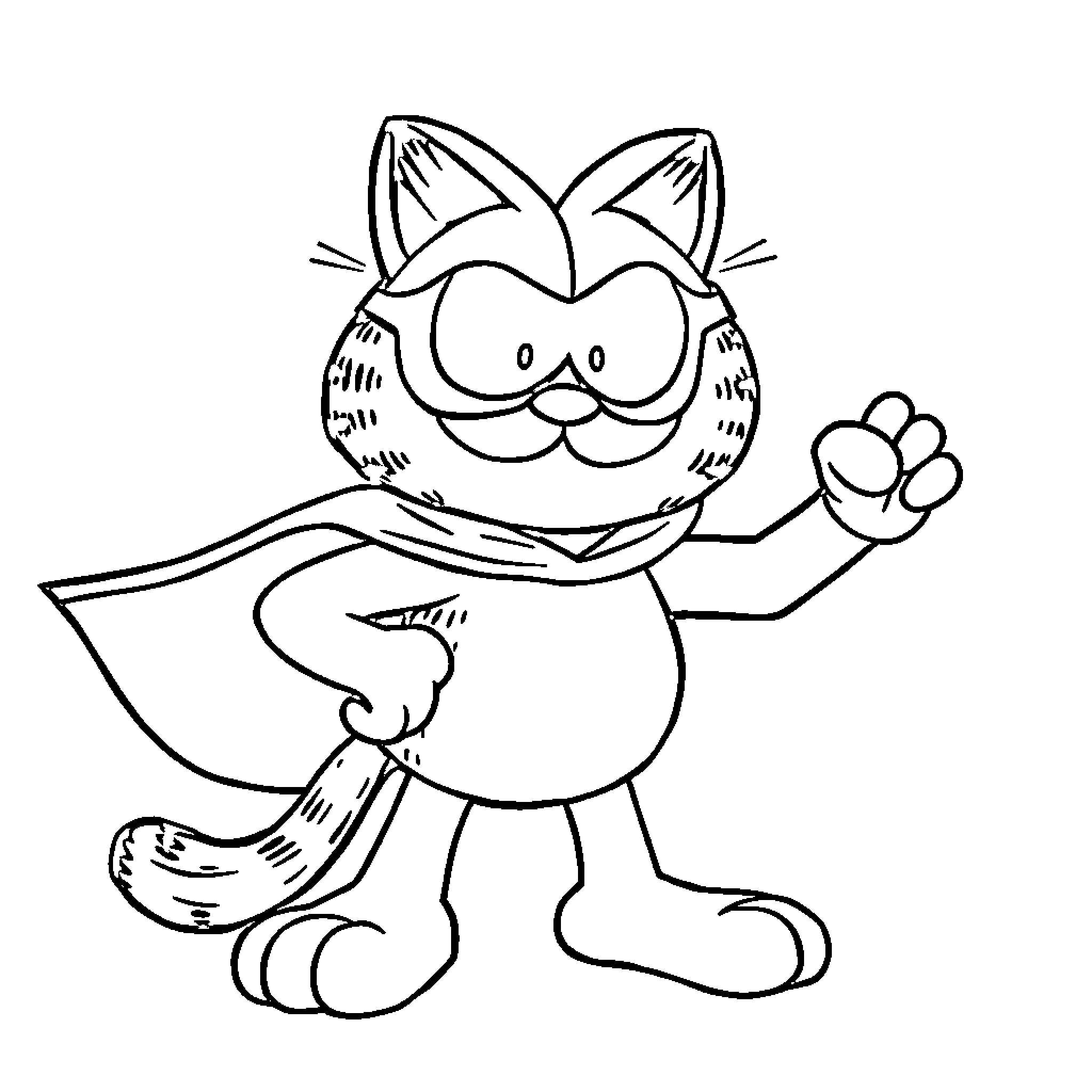 Garfield waving and having fun Coloring Page (free black-and-white line drawing printable PDF for all, from beginners to advanced learners, including children, teens, adults, and seniors)