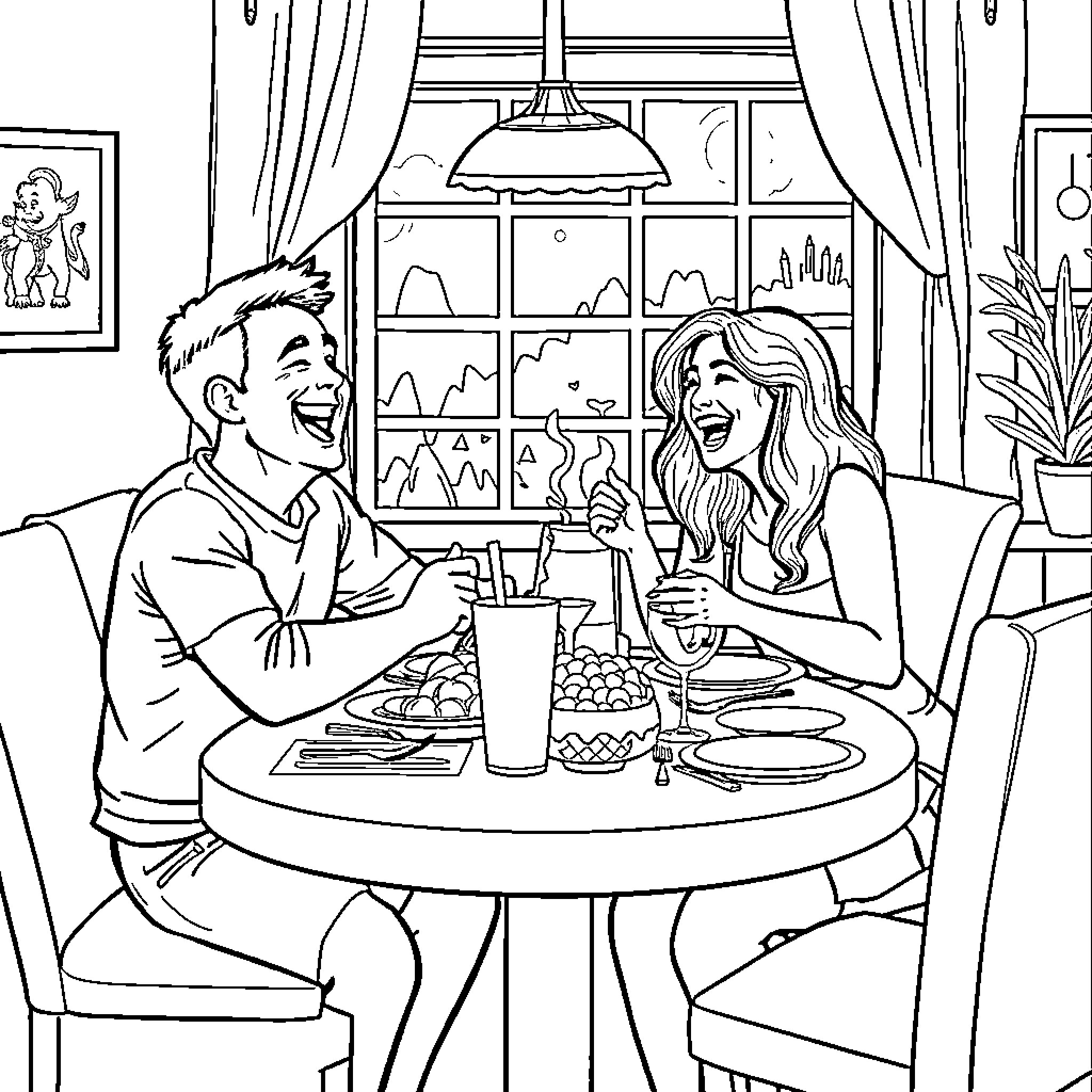 Gavin and Stacey enjoying a meal together Coloring Page (free black-and-white line drawing printable PDF for all, from beginners to advanced learners, including children, teens, adults, and seniors)