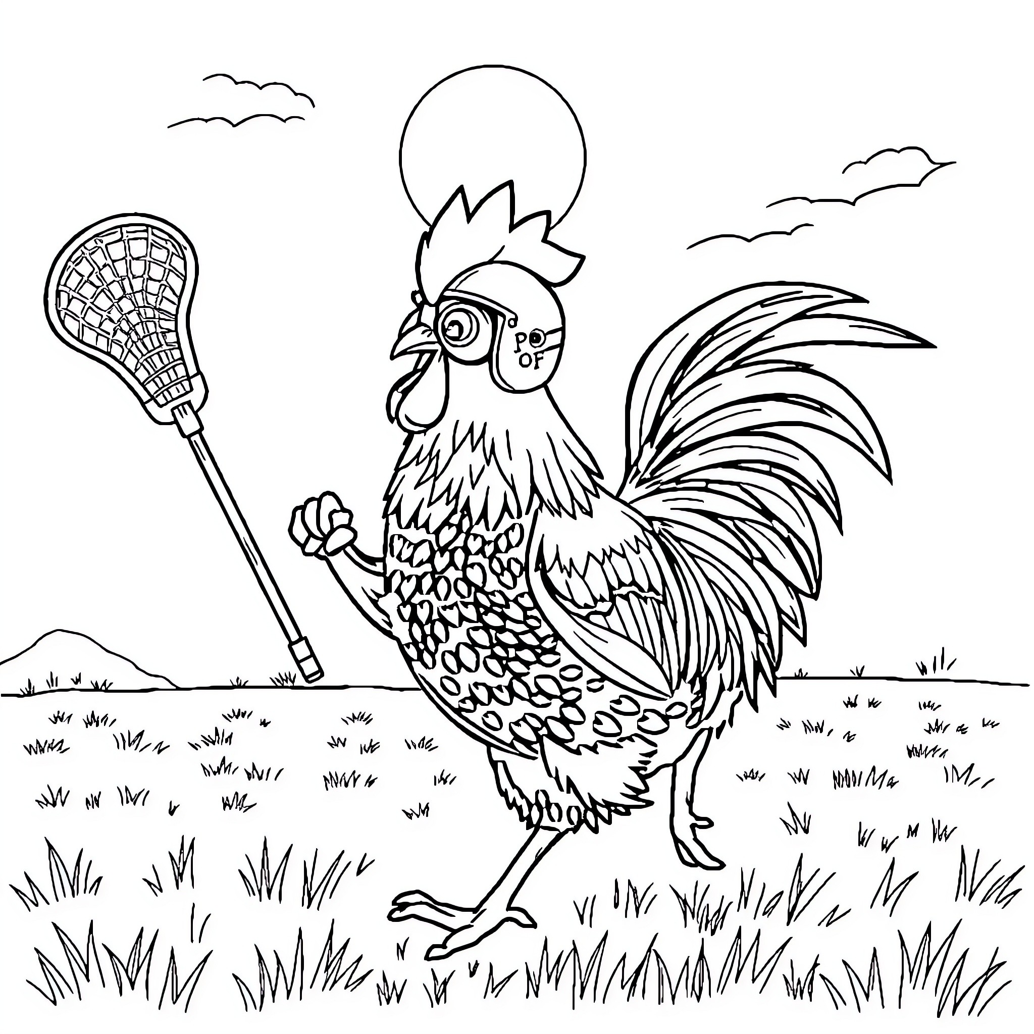 Rooster playing with lacrosse stick in the field Coloring Page (free black-and-white line drawing printable PDF for all, from beginners to advanced learners, including children, teens, adults, and seniors)