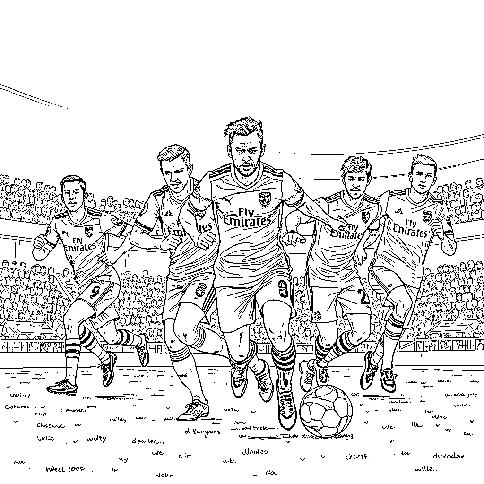 Arsenal Players in Action on the Pitch Coloring Page (free black-and-white line drawing printable PDF for all, from beginners to advanced learners, including children, teens, adults, and seniors)