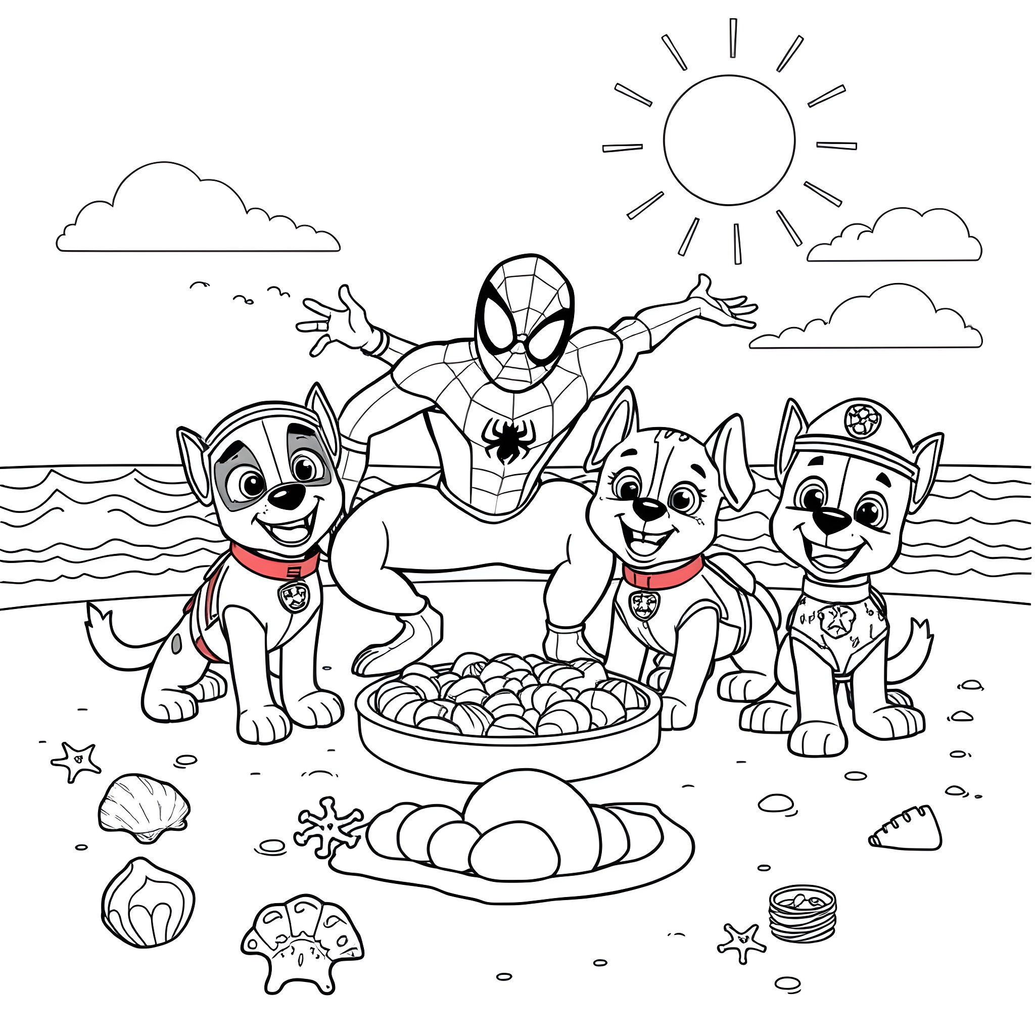Spider-Man adventures with Paw Patrol pups on the beach Coloring Page (free black-and-white line drawing printable PDF for all, from beginners to advanced learners, including children, teens, adults, and seniors)