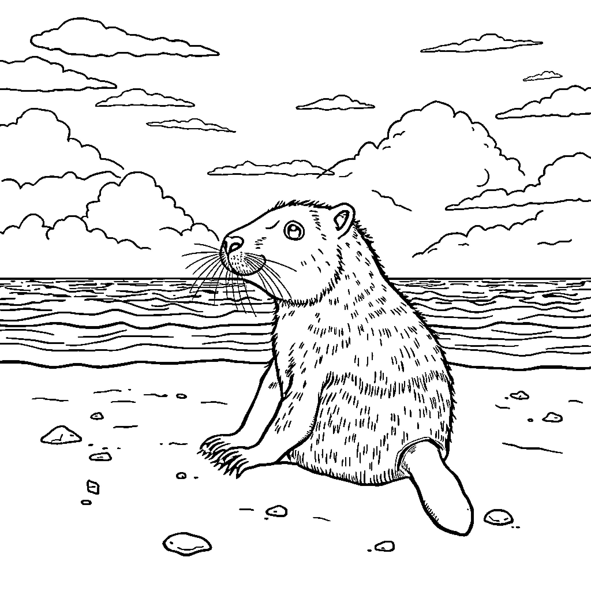 Capybara relaxing on the beach Coloring Page (free black-and-white line drawing printable PDF for all, from beginners to advanced learners, including children, teens, adults, and seniors)