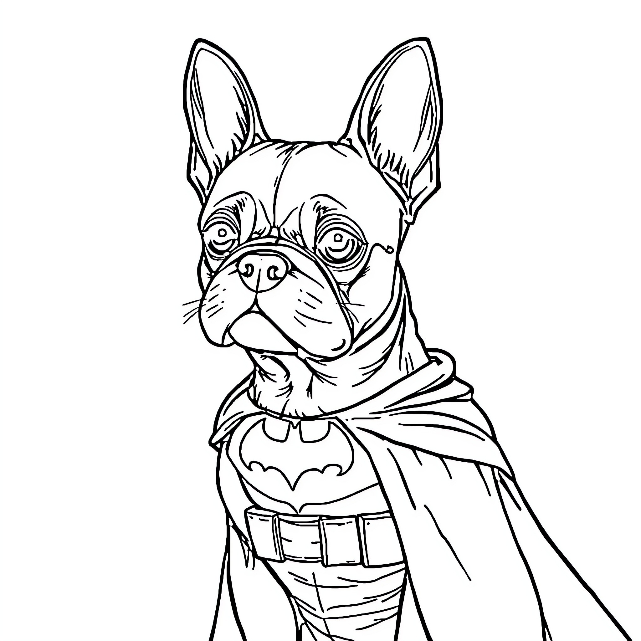 Batman Dog dressed up in costume Coloring Page (free black-and-white line drawing printable PDF for all, from beginners to advanced learners, including children, teens, adults, and seniors)