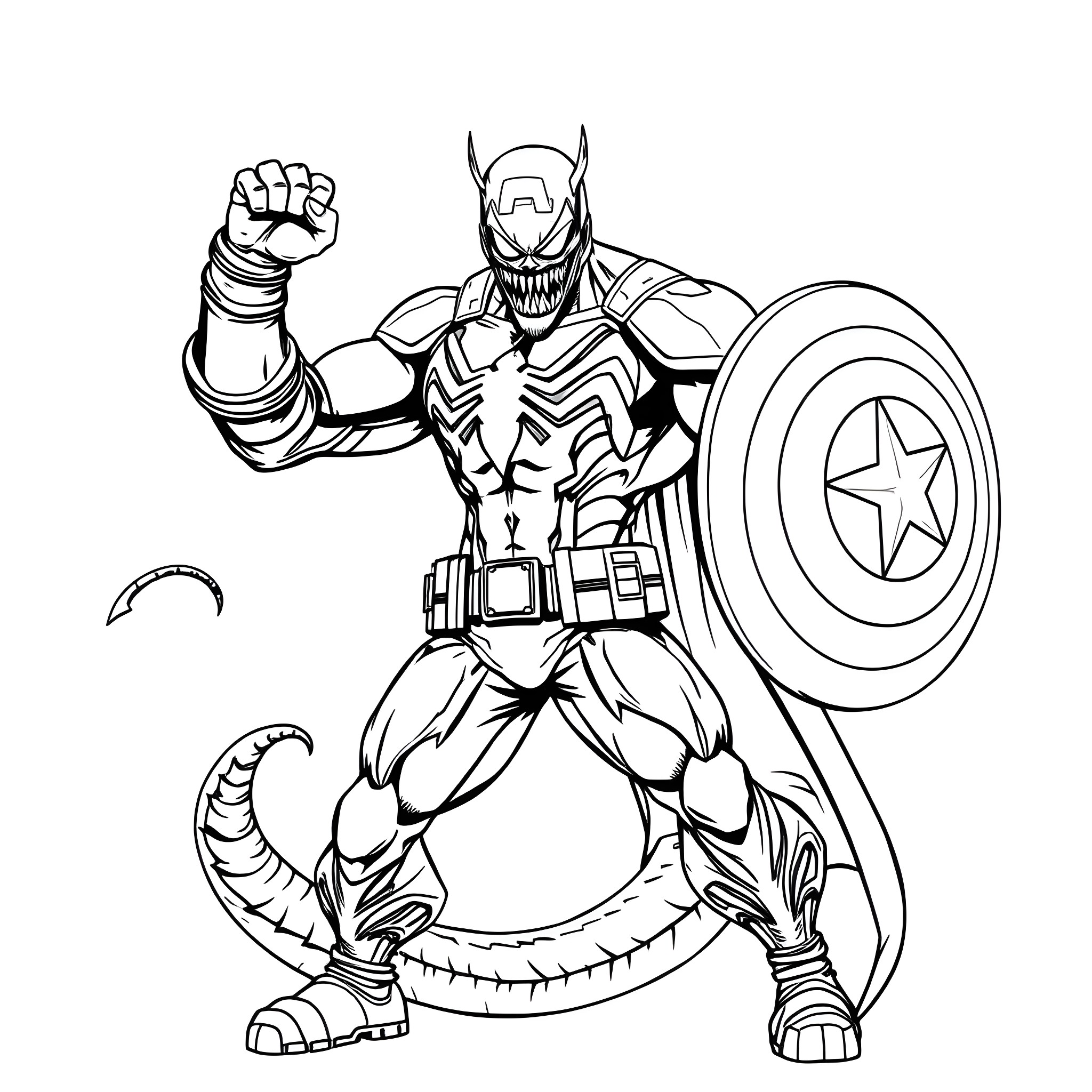 Captain Venom in action with shield and fist Coloring Page (free black-and-white line drawing printable PDF for all, from beginners to advanced learners, including children, teens, adults, and seniors)