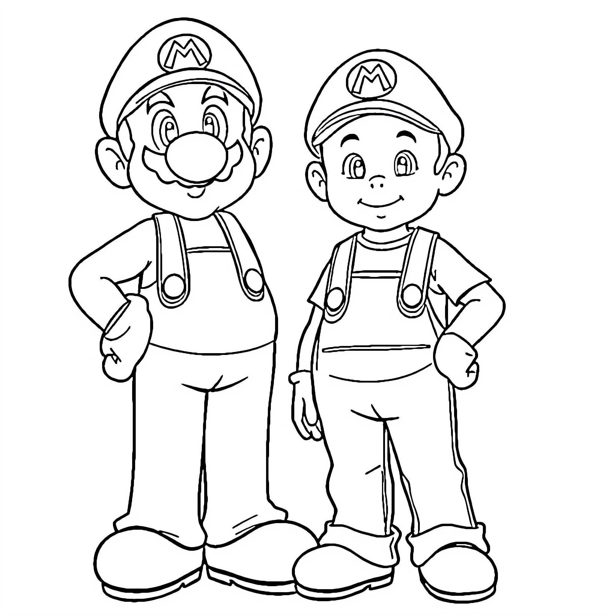 Mario Brothers in Iconic Attire Coloring Page (free black-and-white line drawing printable PDF for all, from beginners to advanced learners, including children, teens, adults, and seniors)