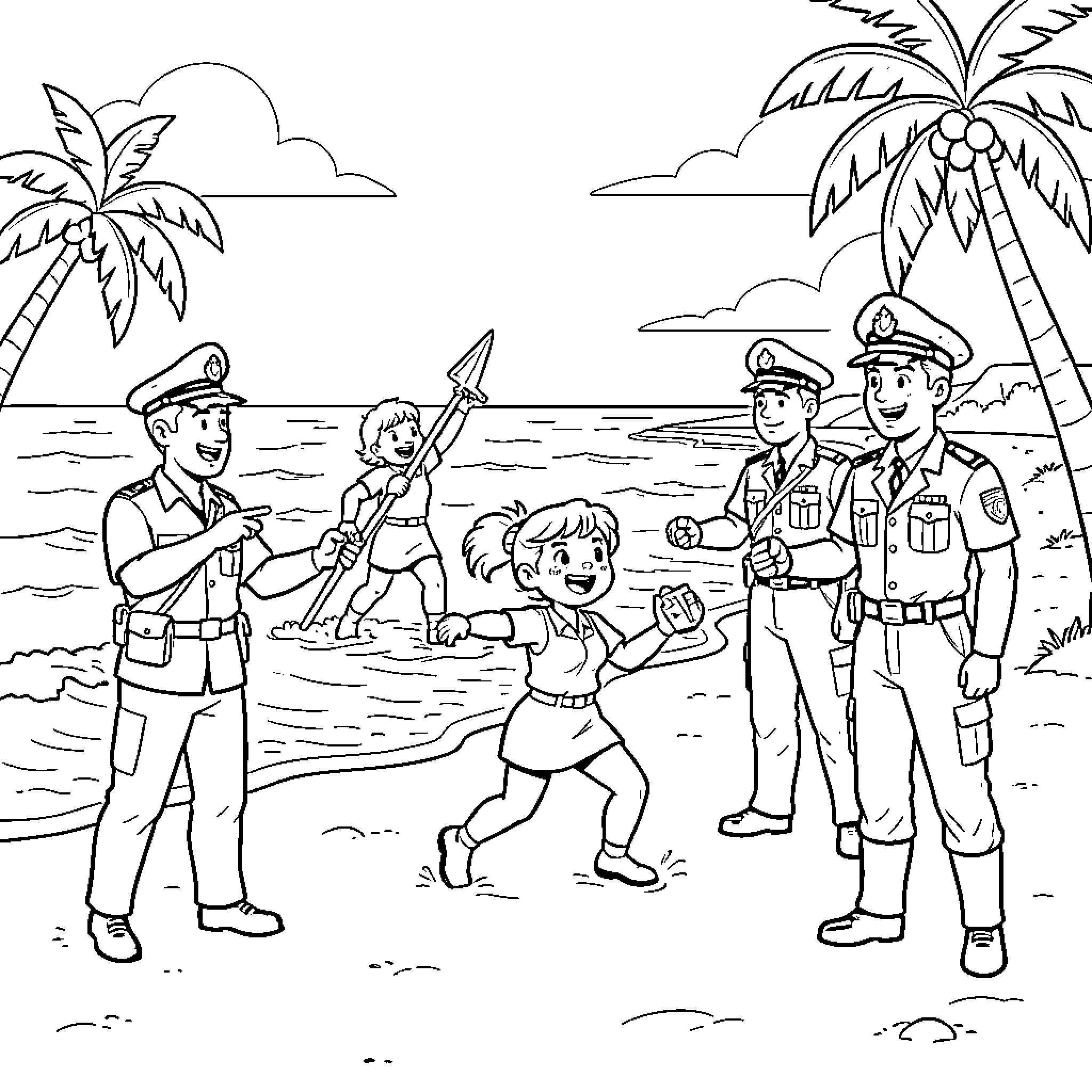 Patrouille of officers playing with children on beach Coloring Page (free black-and-white line drawing printable PDF for all, from beginners to advanced learners, including children, teens, adults, and seniors)