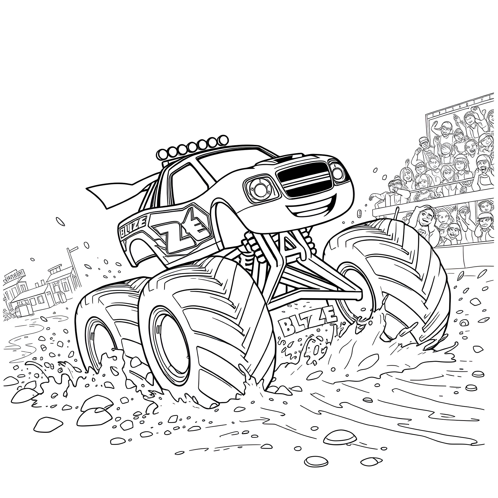 Blaze Monster Truck Races Through Dirt Track Coloring Page (free black-and-white line drawing printable PDF for all, from beginners to advanced learners, including children, teens, adults, and seniors)