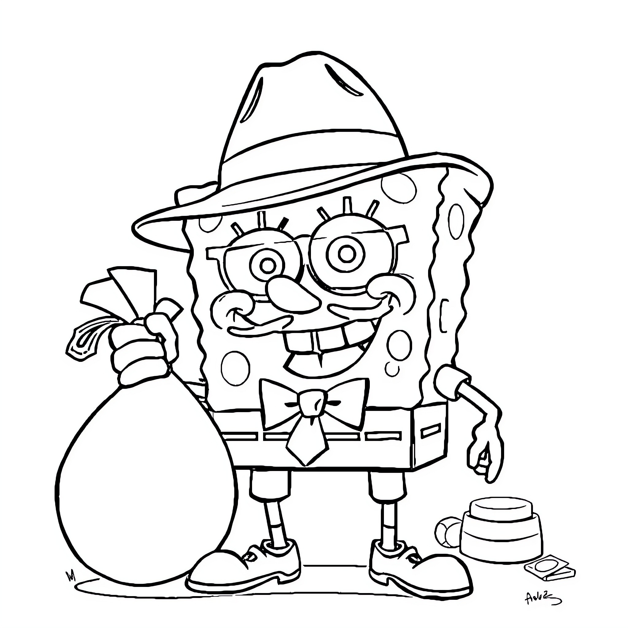 Spongebob holds a sack and smiles happily Coloring Page (free black-and-white line drawing printable PDF for all, from beginners to advanced learners, including children, teens, adults, and seniors)