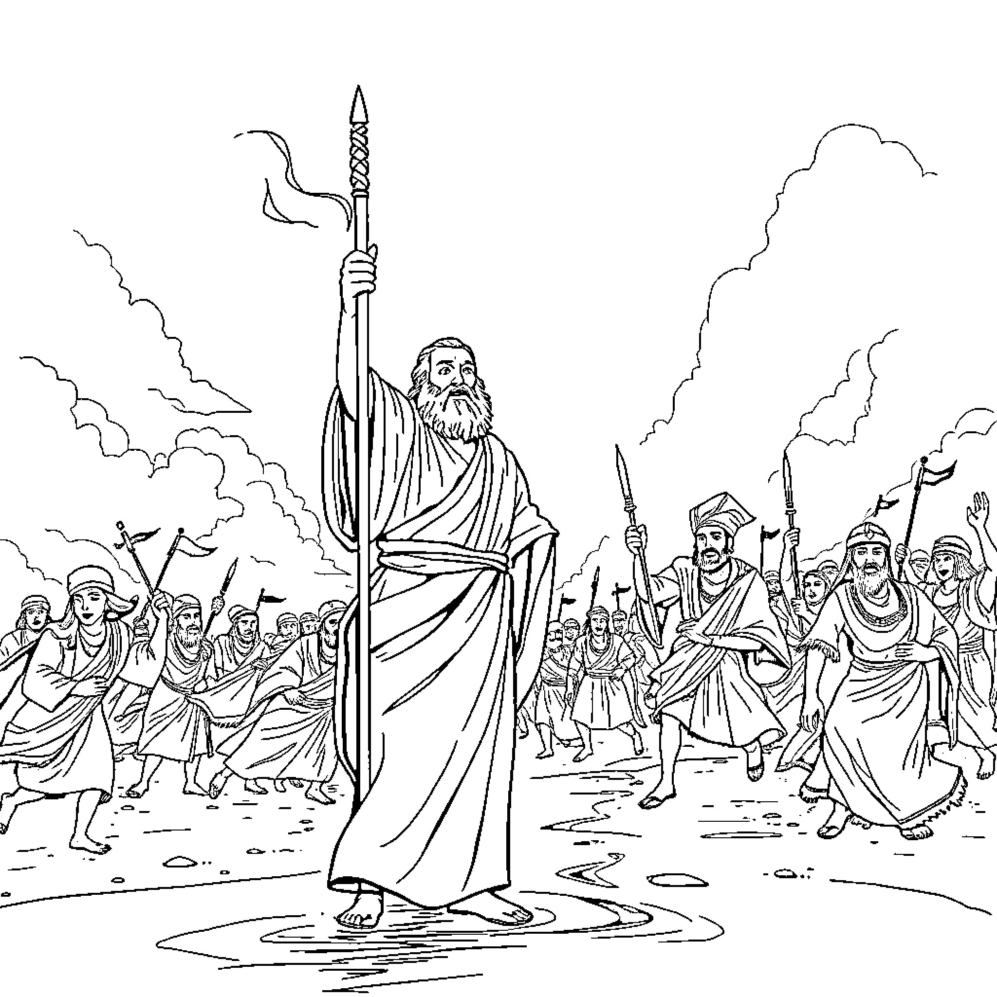 Moses Leads His People Through the Parting of the Sea Coloring Page (free black-and-white line drawing printable PDF for all, from beginners to advanced learners, including children, teens, adults, and seniors)