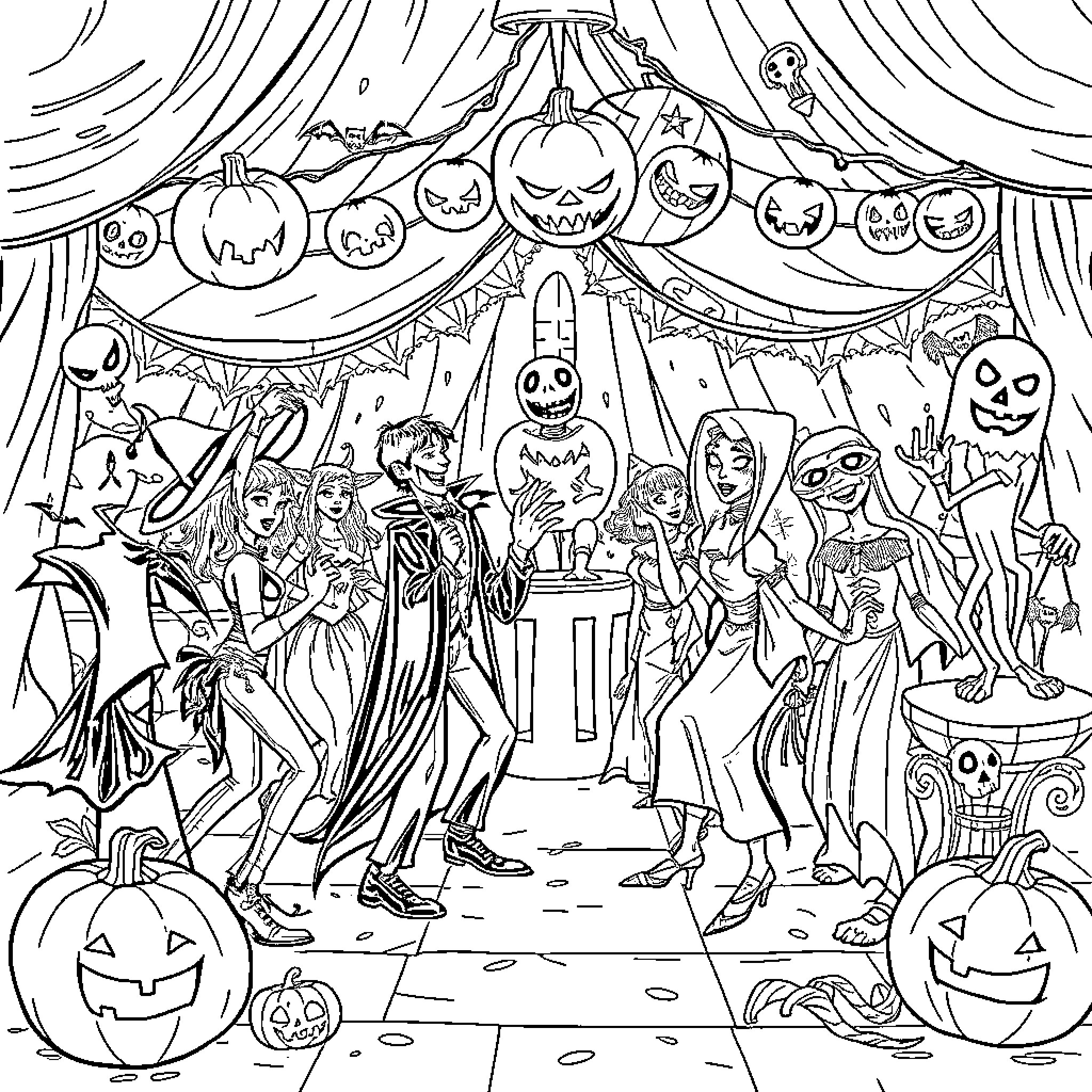 Halloween Costume Party with Spooky Characters and Decorations Coloring Page (free black-and-white line drawing printable PDF for all, from beginners to advanced learners, including children, teens, adults, and seniors)