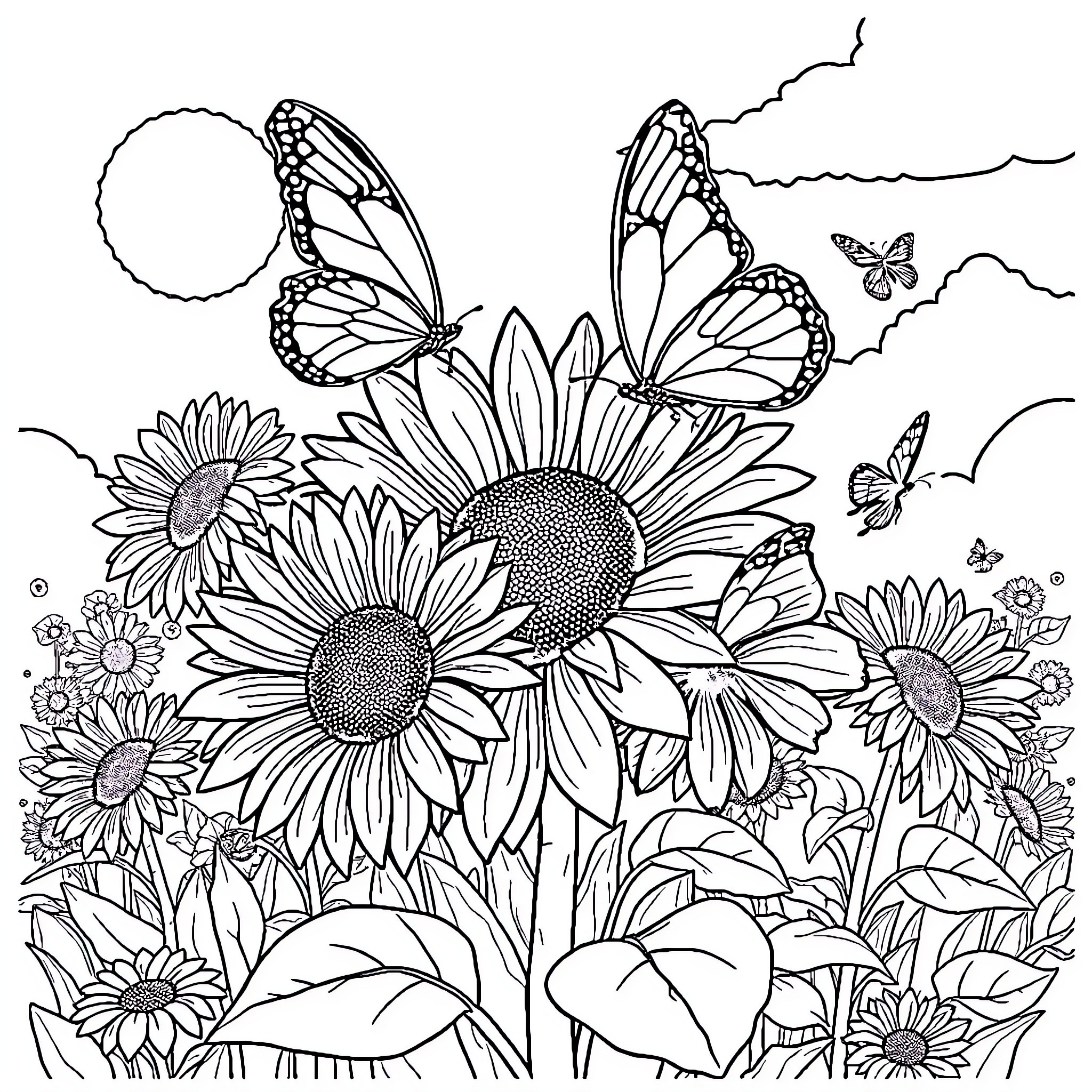 Butterfly Wonderland: Sunflowers and Butterflies in Flight Coloring Page (free black-and-white line drawing printable PDF for all, from beginners to advanced learners, including children, teens, adults, and seniors)