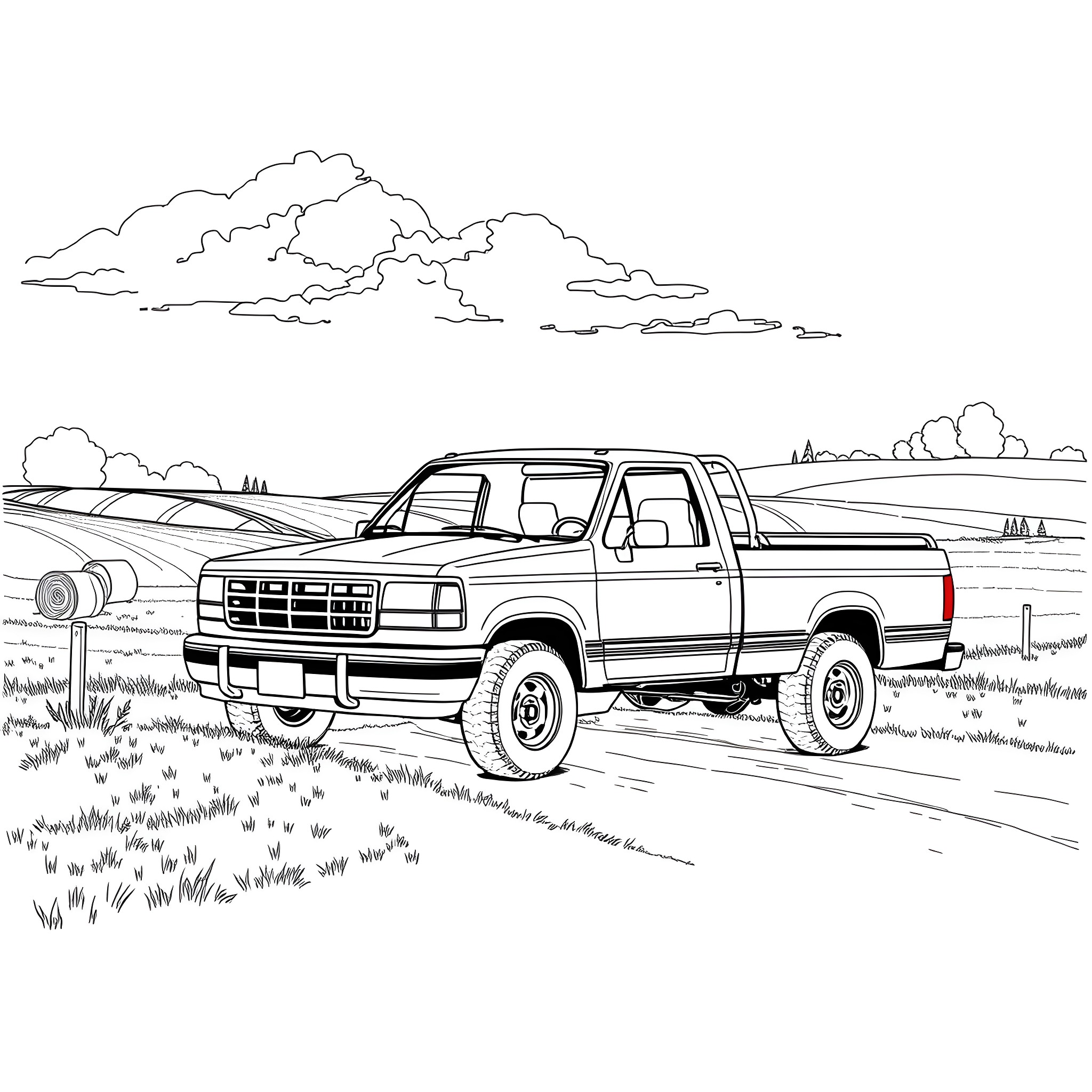 Pickup truck on a country road Coloring Page (free black-and-white line drawing printable PDF for all, from beginners to advanced learners, including children, teens, adults, and seniors)