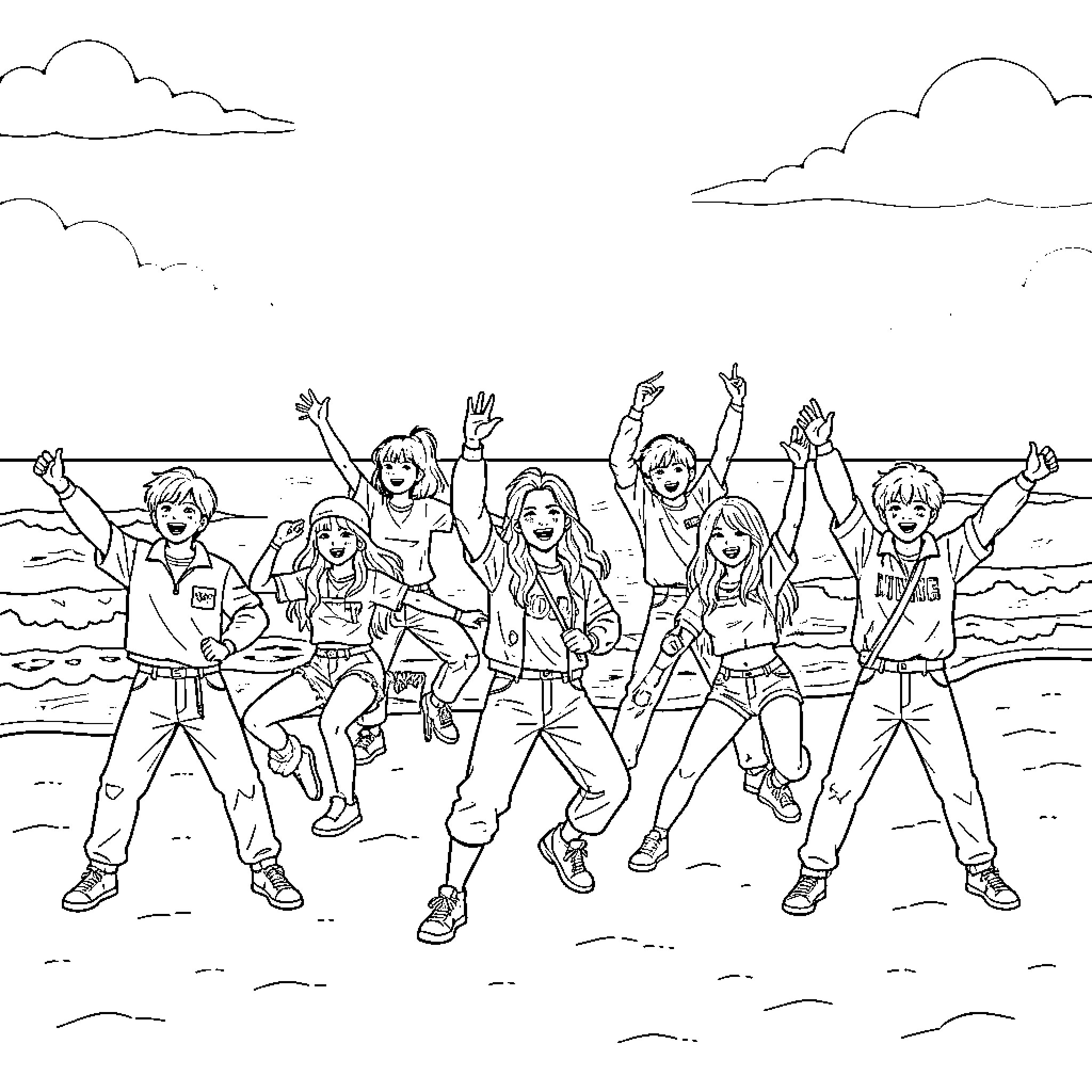 Kpop group dancing and celebrating on the beach Coloring Page (free black-and-white line drawing printable PDF for all, from beginners to advanced learners, including children, teens, adults, and seniors)