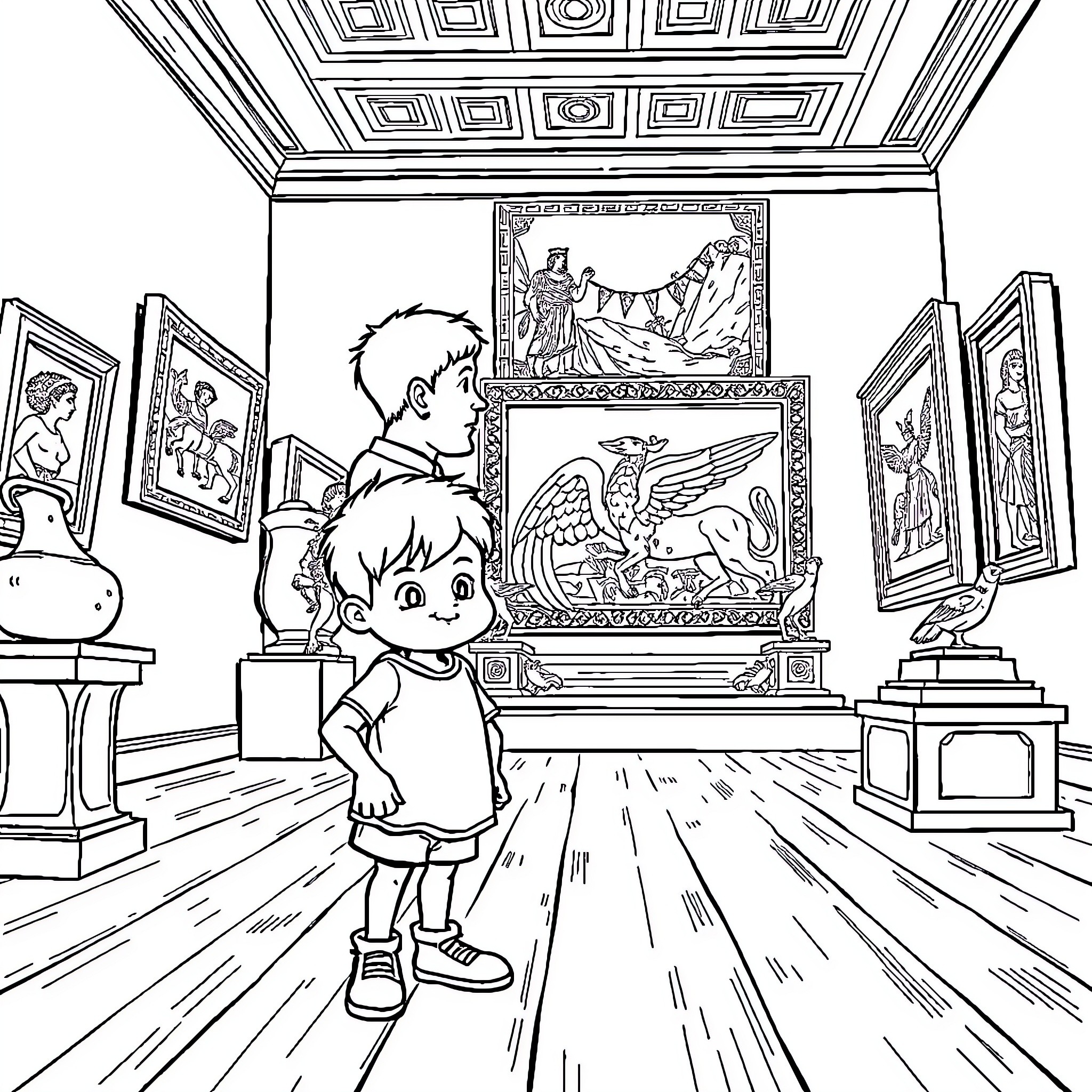 Child exploring an art gallery Coloring Page (free black-and-white line drawing printable PDF for all, from beginners to advanced learners, including children, teens, adults, and seniors)